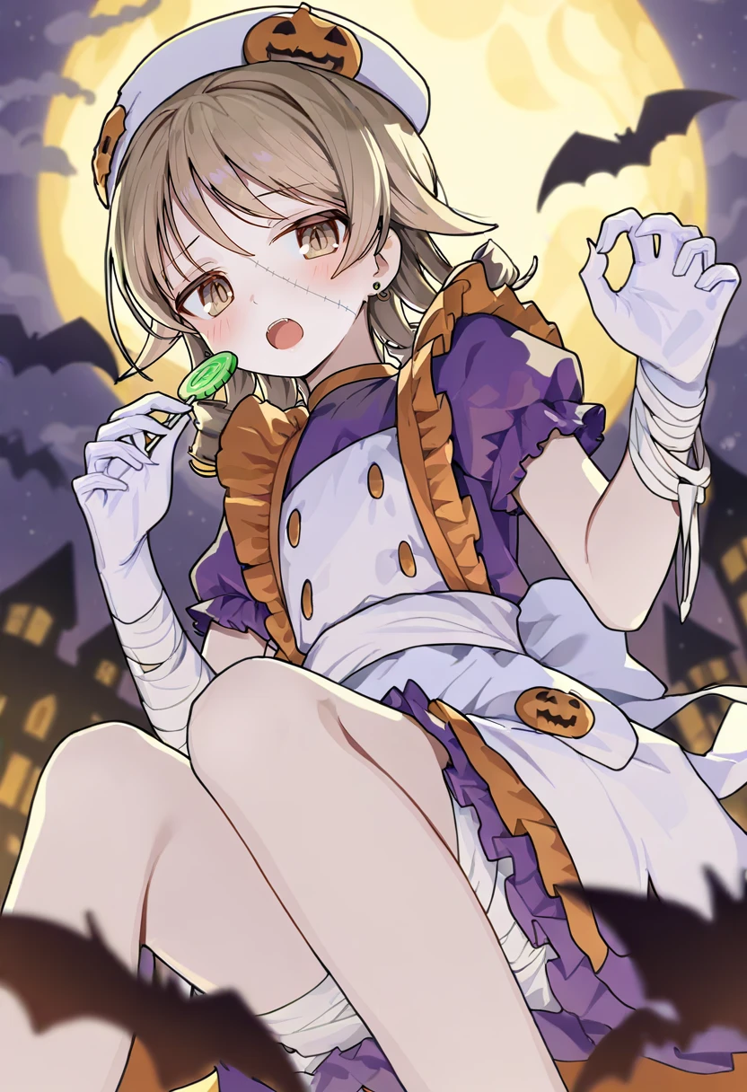 <lora:ningenMameXL_il_lokr_V53P1:0.95> 1girl, bat \(animal\), morikubo nono, solo, moon, food, dress, gloves, halloween, full moon, candy, white gloves, frills, ringlets, lollipop, hat, puffy short sleeves, bandages, short sleeves, apron, holding, night, puffy sleeves, open mouth, feet out of frame, frilled dress, blush, halloween costume, looking at viewer, holding food, bangs, outdoors, bandaged arm, brown eyes, brown hair, earrings, blurry, holding candy, sky, jewelry, night sky, bow