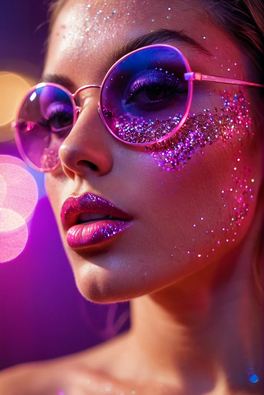 Magazine photography for an Instagram post,a Neon-lit hyper-realistic close-up of a beauty supermodel sexy girl face, big lips, bathed in neon pink and purple light with glittering particles on her skin, neon sunglasses with glitter textures patterns, fashion magazine style, beautiful background, Use soft colors and a shallow depth of field, taken with fujifilm, 35mm lens, blurry, fujifilm colors, film grain, fine art, fine textures,high quality textures of materials, volumetric textures, natural textures