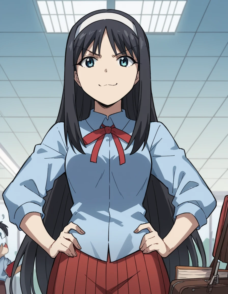 score_9, score_8_up, score_7_up, source_anime, <lora:carnivalphantasm-akiha-toono-ova-ponyxl-lora-nochekaiser:1>, akiha toono, tohno akiha, long hair, blue eyes, black hair, hairband, white hairband, medium breasts,, skirt, red skirt, long skirt, shirt, collared shirt, long sleeves, ribbon, red ribbon, blue shirt, airport, waiting area, suitcase, flight delayed, passengers, reading book, , looking at viewer, smug, hand on hips,, solo,, dutch angle, cowboy shot