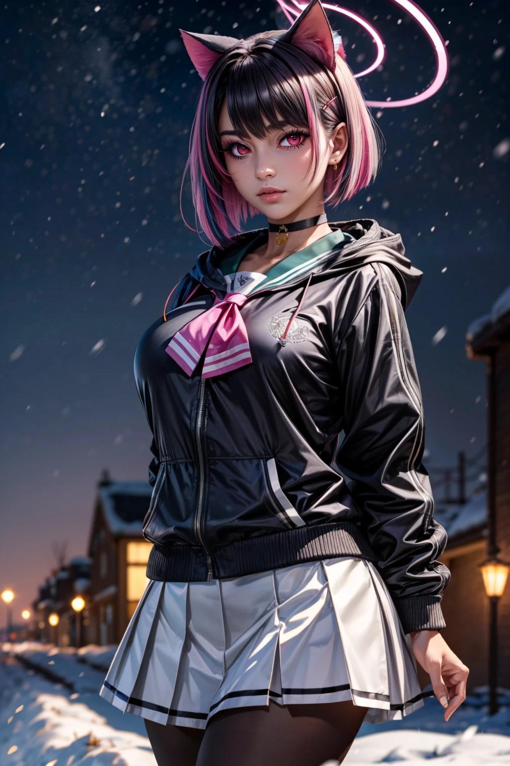 (ultra realistic,32k, masterpiece:1.2),(high detailed skin:1.1),( high quality:1.1), <lora:IllyasvielVonEinzbern_v1:0.7>, zzIllya, looking at viewer, night, outdoors, snowing, sky, BREAK,    <lora:Kazusa_BlueArchive_Citron:0.7>, zzKazusa, black hair, cat ears, animal ears, colored inner hair, multicolored hair, pink hair, short hair, halo, two-tone hair, extra ears, red eyes, hair ornament, hairclip, pink halo, pink eyes black choker, black jacket, hooded jacket, school uniform, pleated skirt, white skirt, pink neckerchief, black pantyhose, green sailor collar,   ,BREAK,  blooming stars, luminescent petals, otherworldly fragrance blurry background, (looking at viewer, standing:1.1), huge breast, large breast, <lora:add_detail:0.92>, (glowwave:1.1),