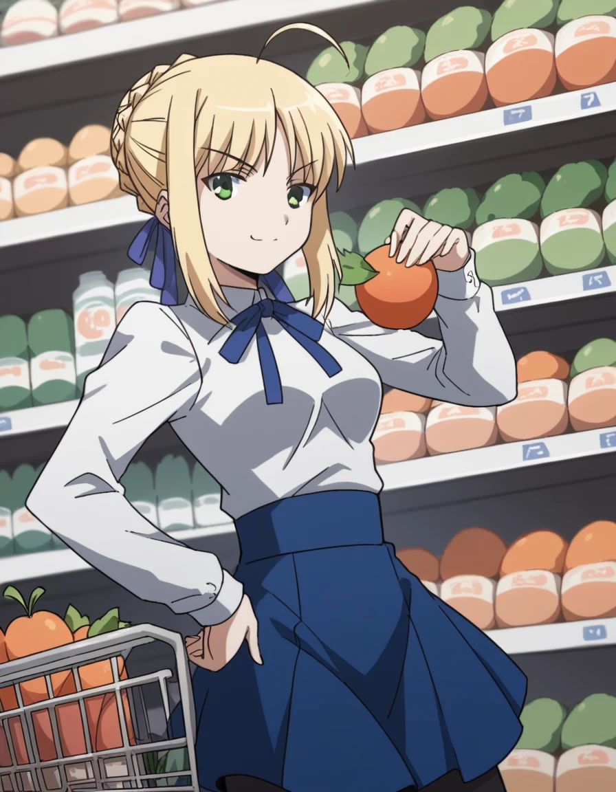 score_9, score_8_up, score_7_up, source_anime, <lora:carnivalphantasm-arthoria-pendragon-ova-ponyxl-lora-nochekaiser:1>, arthoria pendragon, artoria pendragon (fate), saber, blonde hair, green eyes, ahoge, sidelocks, hair bun, single hair bun, braid, french braid, medium breasts,, skirt, shirt, long sleeves, ribbon, hair ribbon, white shirt, pantyhose, blue skirt, black pantyhose, neck ribbon, blue ribbon, blouse,, grocery store, shopping cart, picking fruits, everyday life, , , looking at viewer, smug, hand on hips,, solo,, dutch angle, cowboy shot