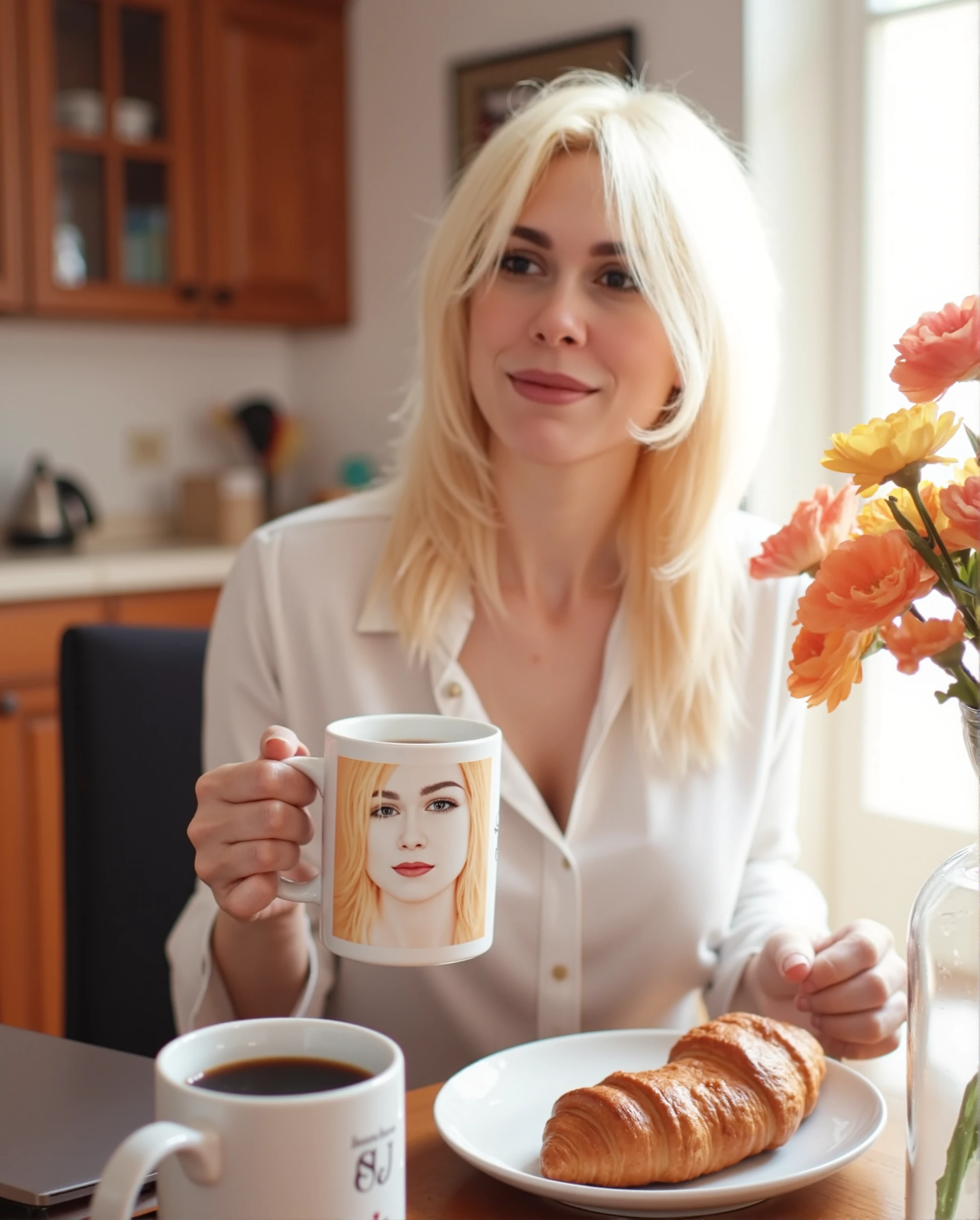 A photograph of L3M01N3 early in the morning, enjoying breakfast at her cozy home. Her long blonde hair cascades over her shoulders as she sits calmly and serenely, wearing a white shirt. Beside her is a laptop, and on the table, thereâs a mug with a smiling L3M01N3 own face and the text "SLQ" printed on it. The setting is warm and inviting, with soft morning light filtering through the windows. The kitchen has a rustic charm, featuring wooden cabinets and a small vase of fresh flowers on the table. A steaming cup of coffee and a plate with a croissant are in front of her, completing the peaceful breakfast scene. The overall atmosphere is one of tranquility and comfort, perfectly capturing a quiet, reflective moment at the start of her day.<lora:flux\personas\Lemoine_Flux.safetensors:1.1:1.1>