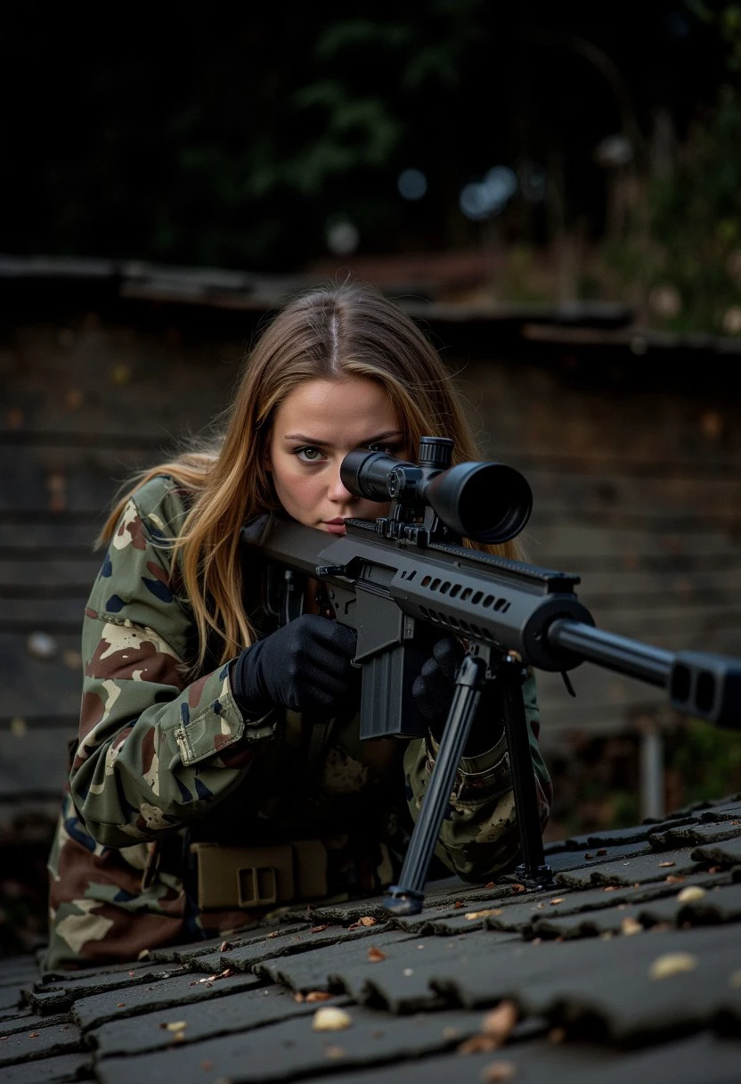 a beautiful girl, girl aims from a Barrett M82, on the roof of a house, night, the rifle is visible in its entirety, focus on the rifle, 
aims towards the camera, the end of the muzzle is visible