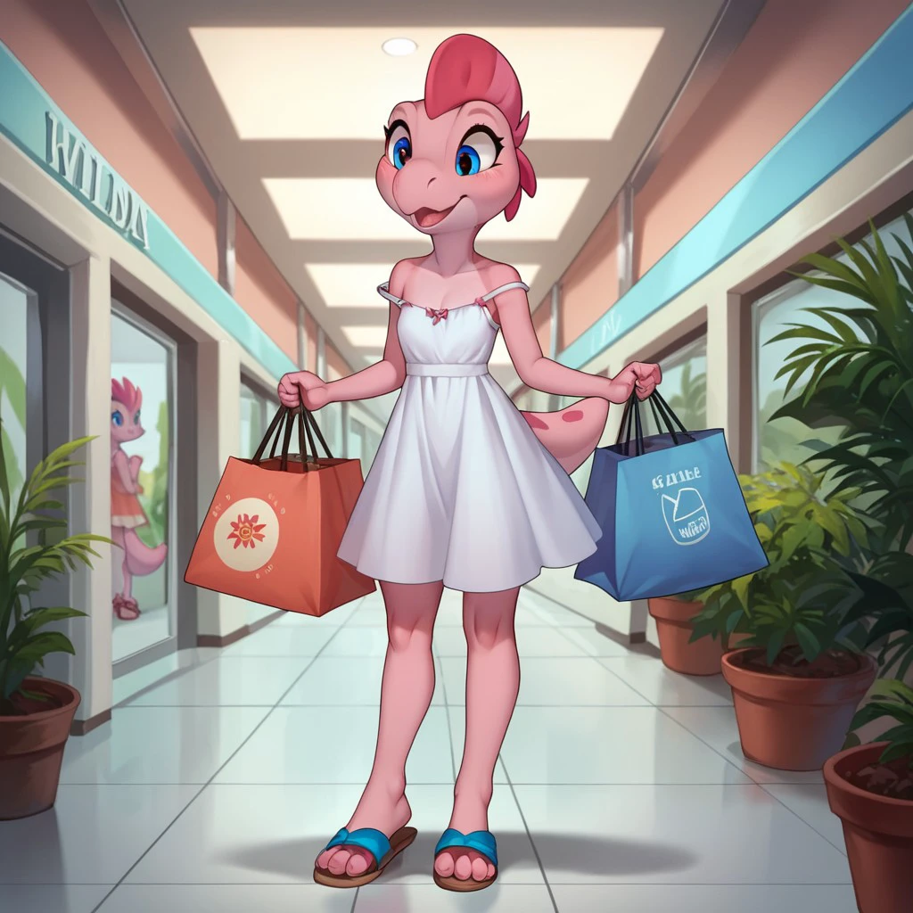 score_9, score_8_up, score_7_up, score_6_up, score_5_up, score_4_up,  source_furry, rubylbt, young anthro, female, Oviraptor, pink skin, crest, blue eyes, at the mall, sun dress, sandals, holding shopping bags, strap slip,, <lora:5163ea18-0ae9-4a19-a55f-5fb37365cc2b:0.7>