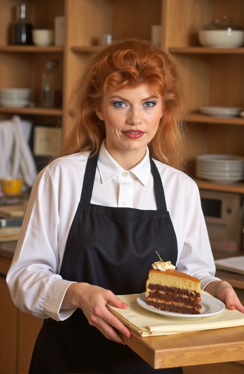 Vivienne Fovéa is a redhead woman. she is working in a bakery. She wears the bakery uniform and serves cakes <lora:Vivienne_Fovéa:0.9>