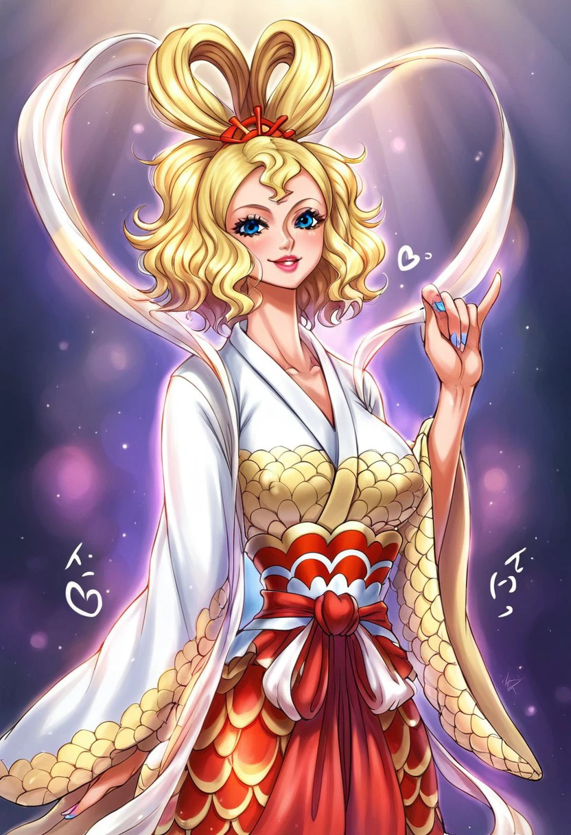 QueenOtohime, 1girl, solo, monster girl, mermaid, blonde hair, blue eyes, lips, makeup, lipstick, hair ornament, short hair, wavy hair, large breast, shawl, hair rings, japanese clothes, wide sleeves, sash, kimono, long sleeves, dress ornament, nail polish, ribbons, hagoromo, scales,seductive pose, sexy pose,flirt gesture, tease, 
score_9, score_8_up, score_7_up, beautiful aesthetic, very intricate, high quality details,vibrant, highly detailed, award-winning, professional,anime artwork, anime style, studio anime, athletic, toned female,muscular milf,curvy body, athletic girl,fit girl, perky tits,huge breast,perfect tits, round breasts, nipple outline,looking at viewer, pinup pose,teasing, dynamic lighting, cinematic, smug, better than you, aura of temptation, highly detailed, high resolution, masterpiece, detailed clother, detailed background, highly detailed, ((sound effects)) comic layout,ARTSTYLE_OnePiece_MangaColored_ownwaifu