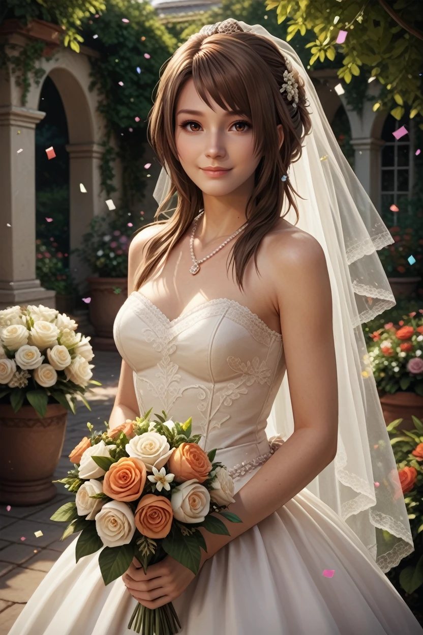 score_9, score_8_up, score_7_up,
<lora:FFyuri:0.8>
FFyuri, solo, 1girl, brown hair, brown eyes, looking at viewer, garden, wedding dress, necklace, smile, bouquet, day, confetti, cowboy shot, standing