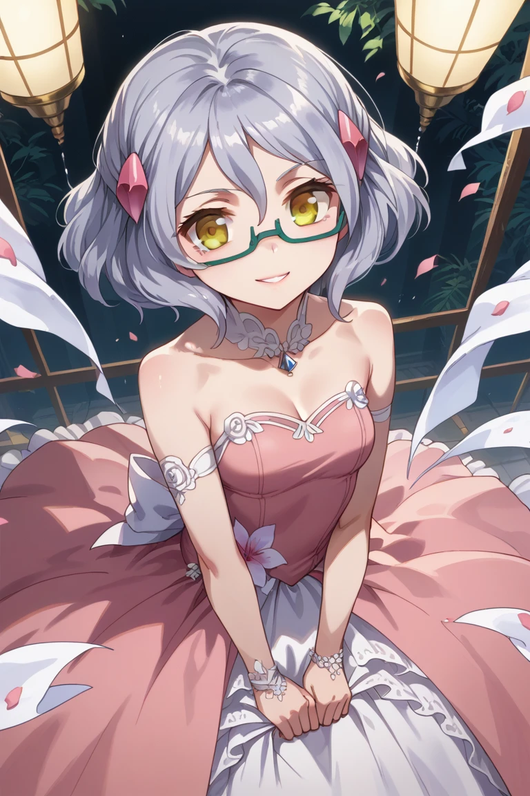 score_9,score_8_up,score_7_up,source_anime,BREAK
1girl, solo,
Miranda, glasses, orange eyes, hair ornament, semi-rimless eyewear, grey hair, short hair,
wedding dress, pink dress, smile