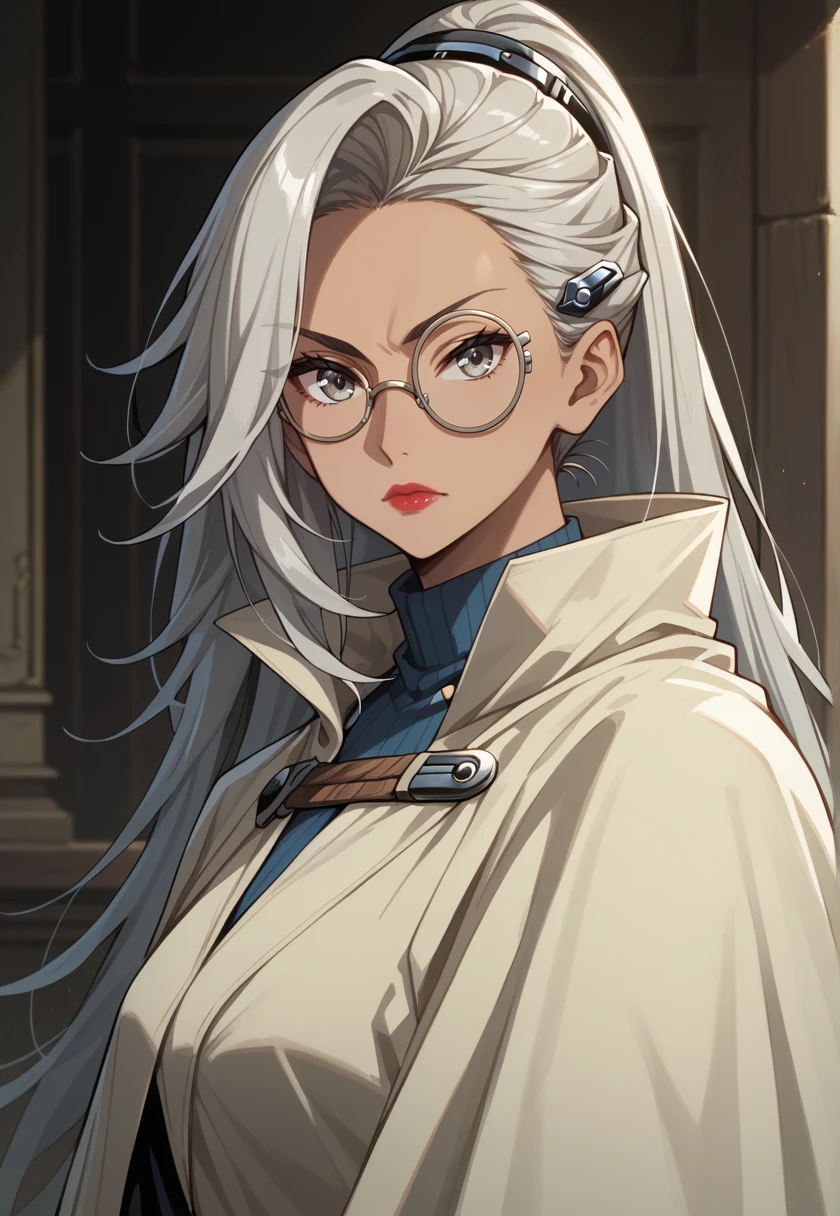 <lora:RobaGRNSLT:1> robagr, dark-skinned female, hair ornament, long hair, ponytail, grey hair, grey eyes, lipstick, glasses, monocle, beige cloak, cape, looking at viewer, serious, 16k, masterpiece, absurdes, highly detailed, highres, high quality, best quality, score_9, score_8_up, score_7_up, score_6_up, looking at viewer, portrait, upper body, close-up, bust