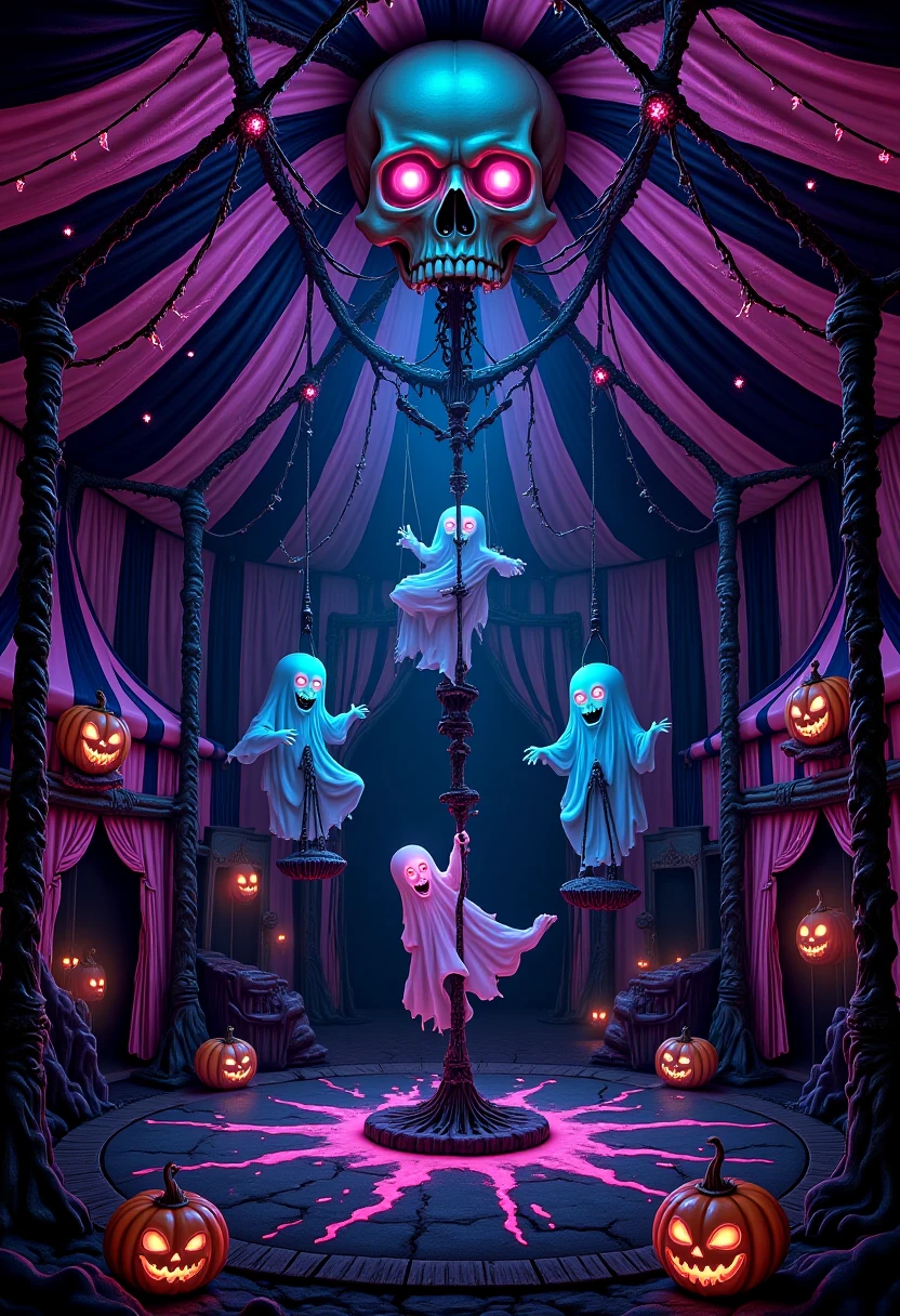 A surreal pastel goth dark circus where the circus tent is a giant pastel pink  skull with glowing eyes. Inside, eerie acrobats swing from black spiderwebs,  while pastel-colored ghosts hover above the stage. The floor is covered in pastel  jack-o-lanterns, and the air is filled with floating candy skulls. The overall vibe  is sweet yet terrifying, like a Halloween nightmare in a pastel dreamscape.  , PastelGothDarkCircusDaal