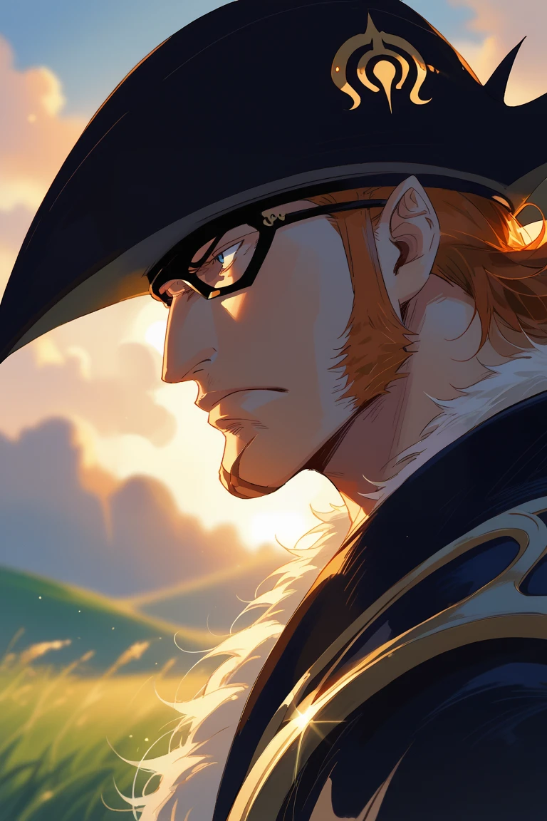 score_9, score_8_up, score_7_up, source_anime, rating_safe, evening, sunset, natural lighting, male focus, looking away, DrakeOP, orange_Drake_male hair, black_Drake_curved headwear, gold_Drake_emblem on headwear, blue_Drake_eyes, black_Drake_eye mask, dark brown_Drake_chin scar, closed mouth, serious, 1boy, blurry outdoors grass, horizon, from side, dutch angle, intricately detailed illustration, atmospheric perspective, depth of field, realistic shading