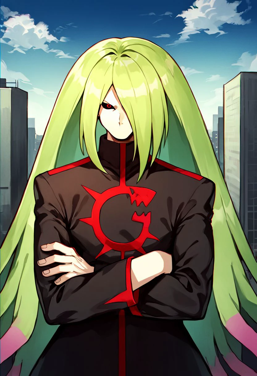 score_9, score_8_up, score_7_up, source_anime, 1boy, male focus, solo, Shuryou, green hair, gradient hair, two-tone hair, long hair, very long hair, hair over one eye, black sclera, red eyes, black robe, emblem, looking at viewer, outdoors, city, crossed arms, upper body <lora:Gospel-Shuryou:1>