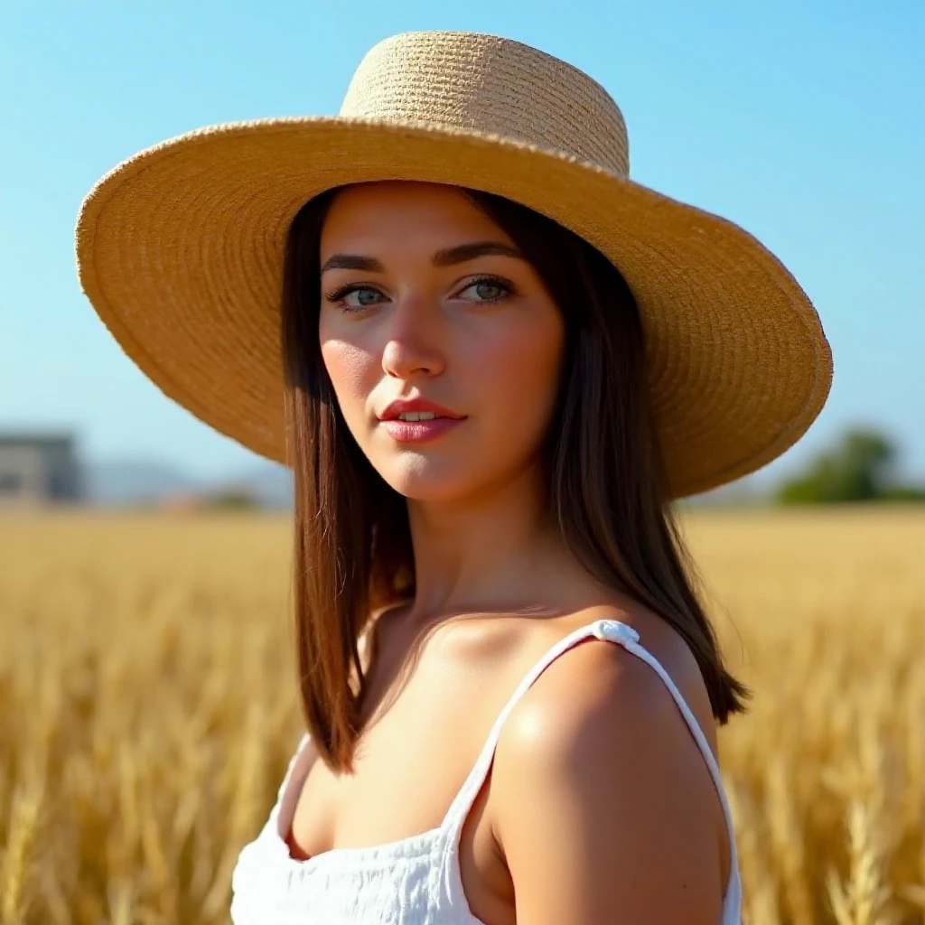 UHD, 4k, ultra detailed, cinematic, a photograph of  <lora:digital cinematography style v1-step00001950:0.9>
A cinematic realism dslr footage of a woman in a hat is standing in a field, detailed background, vivid color, cinematic shadows, cinematic color, chiaroscuro, perfect cinematic image, perfect body, perfect anatomy, sharp image, detailed image, high quality photography, cinematic skin tone color, cinematic skin pore, cinematic photography style, digital cinematography style, 1girl, solo, long hair, looking at viewer, blue eyes, brown hair, hat, dress, bare shoulders, upper body, outdoors, parted lips, sky, day, signature, white dress, blurry, blue sky, lips, blurry background, realistic, straw hat, nail polish, fingernails, depth of field, field, brown eyes, freckles, wheat, smile, sun hat, photorealistic
, epic, beautiful lighting, inpsiring