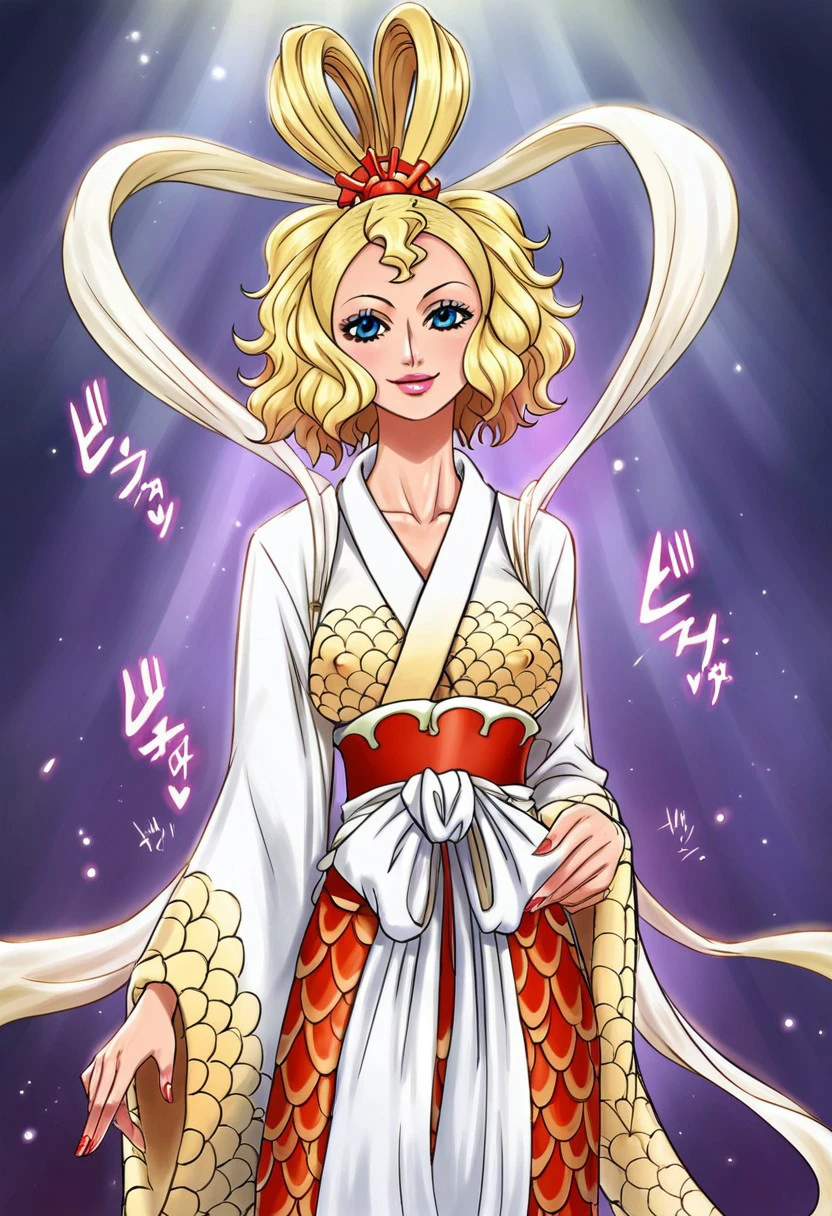 QueenOtohime, 1girl, solo, monster girl, mermaid, blonde hair, blue eyes, lips, makeup, lipstick, hair ornament, short hair, wavy hair, large breast, shawl, hair rings, japanese clothes, wide sleeves, sash, kimono, long sleeves, dress ornament, nail polish, ribbons, hagoromo, scales,seductive pose, sexy pose, tease, 
score_9, score_8_up, score_7_up, beautiful aesthetic, very intricate, high quality details,vibrant, highly detailed, award-winning, professional,anime artwork, anime style, studio anime, athletic, toned female,muscular milf,curvy body, athletic girl,fit girl, perky tits,huge breast,perfect tits, round breasts, nipple outline,looking at viewer, pinup pose,teasing, dynamic lighting, cinematic, smug, better than you, aura of temptation, highly detailed, high resolution, masterpiece, detailed clother, detailed background, highly detailed, ((sound effects)) comic layout,