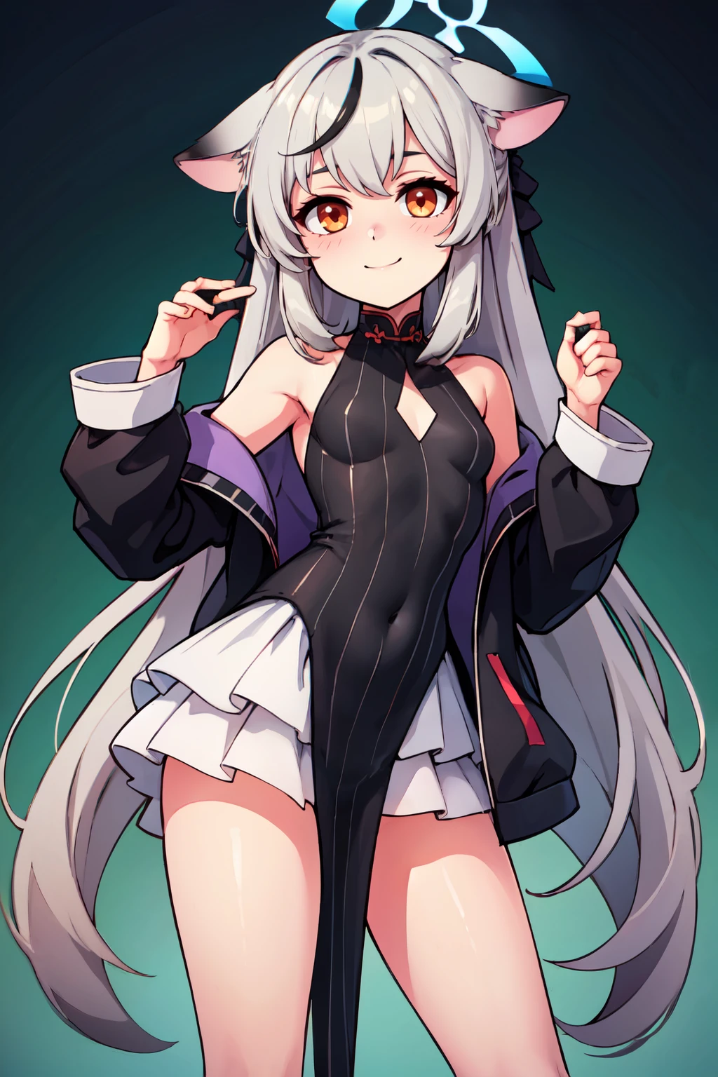 ((masterpiece,best quality)), absurdres, BREAK, , <lora:Kokona_BlueArchive_Citron:0.8>,, zzKokona, grey hair, long hair, multicolored hair, animal ears, streaked hair, black hair, halo, very long hair, tiger ears, brown eyes, orange eyes, black dress, black jacket, black socks, long sleeves, pelvic curtain, sneakers, vertical-striped clothes, diamond cutout, off shoulder, standing, white skirt , BREAK, hip to the side, contrapposto, cowboy shot,, BREAK, solo, smile, looking at viewer, cowboy shot,