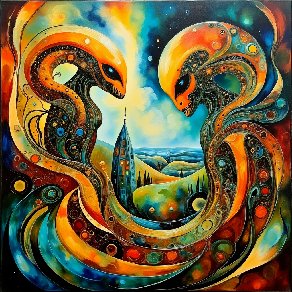 An abstract painting of a alien interaction.

FlowAbsCE style

