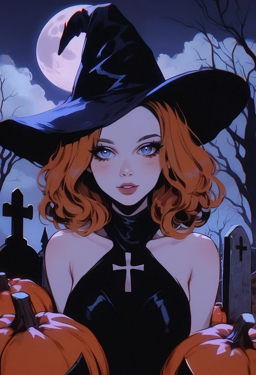 score_9, score_8_up, score_7_up, GLSHS, halloween, tombstone, graveyard, tree, moon, bare tree , 1girl, staring at viewer , black witch costume , orange hair , blue eyes , ((Masterpiece, high quality, best quality, beauty and aesthetics,detailed face)), outdoors, cross, sky, grave, full moon, cloud, night, glowing, bats, ghost on background, , ghost costume, pumpkin, jack-o'-lantern