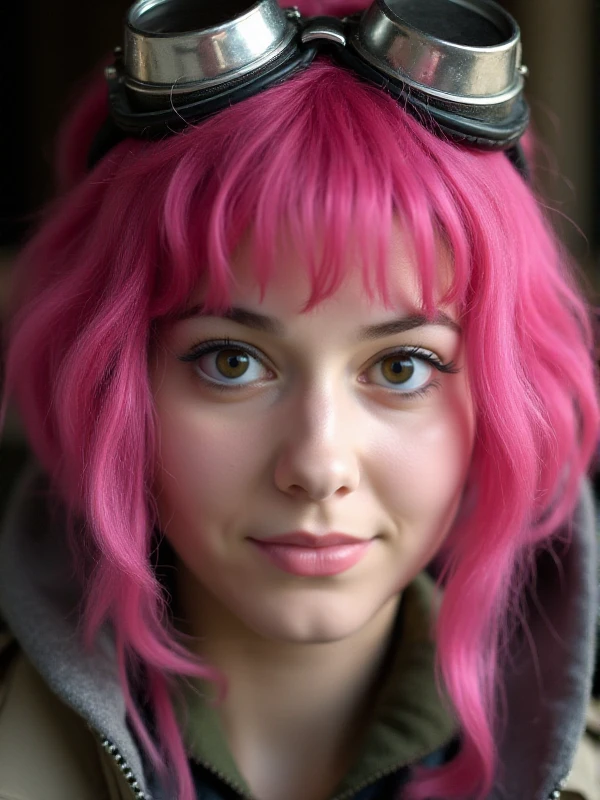 Ramona Flowers wears steampunk goggles on her head. pink hair. closeup face portrait<lora:RamonaFlowers-000012:0.9>