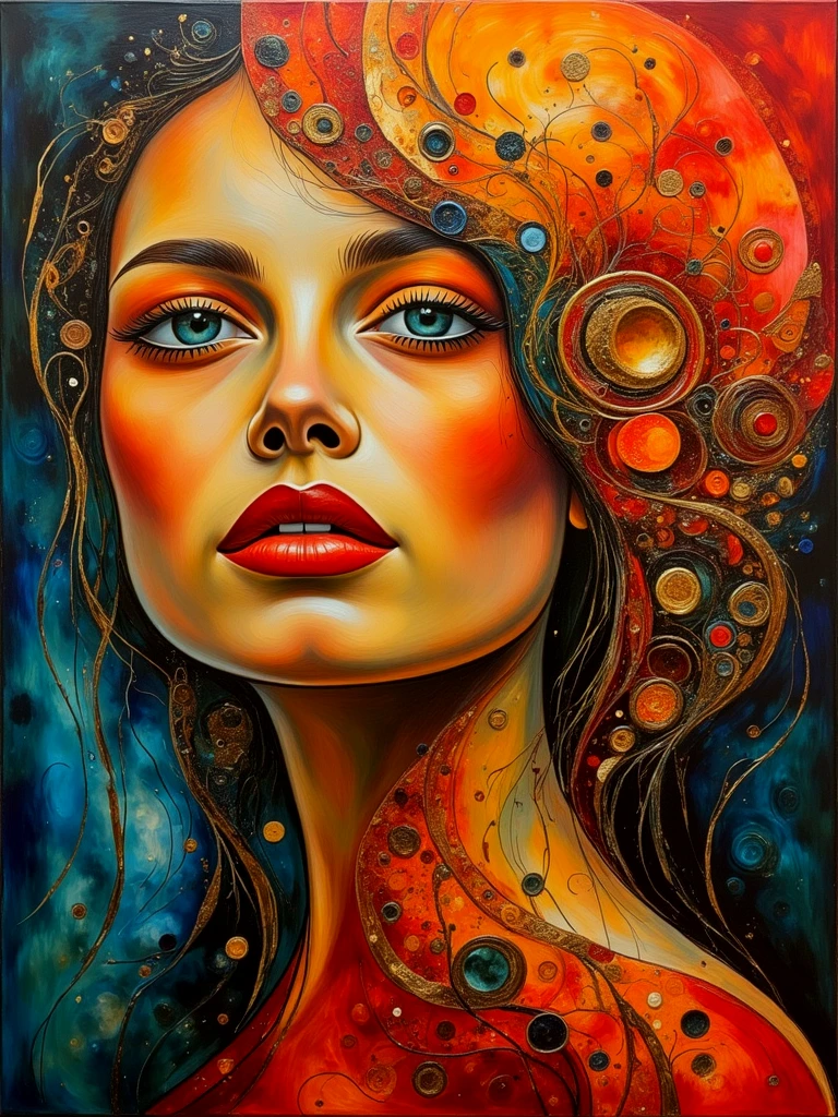 A dramatic abstract painting of a beautiful young woman. 

FlowAbsCE style

