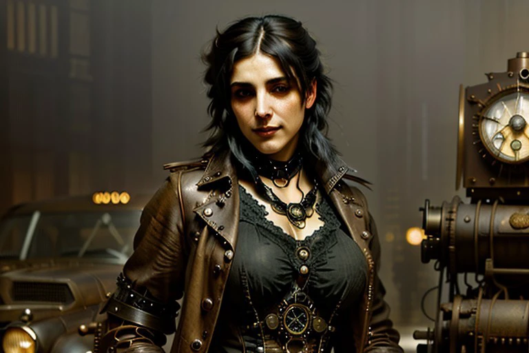 neoclass, Female steampunk mechanic goth hero with leather attire, solo, tough confident and determined, sly smirk, nostalgic cars, dramatic lighting, lush deep shadows, gritty texture, anarchist themes