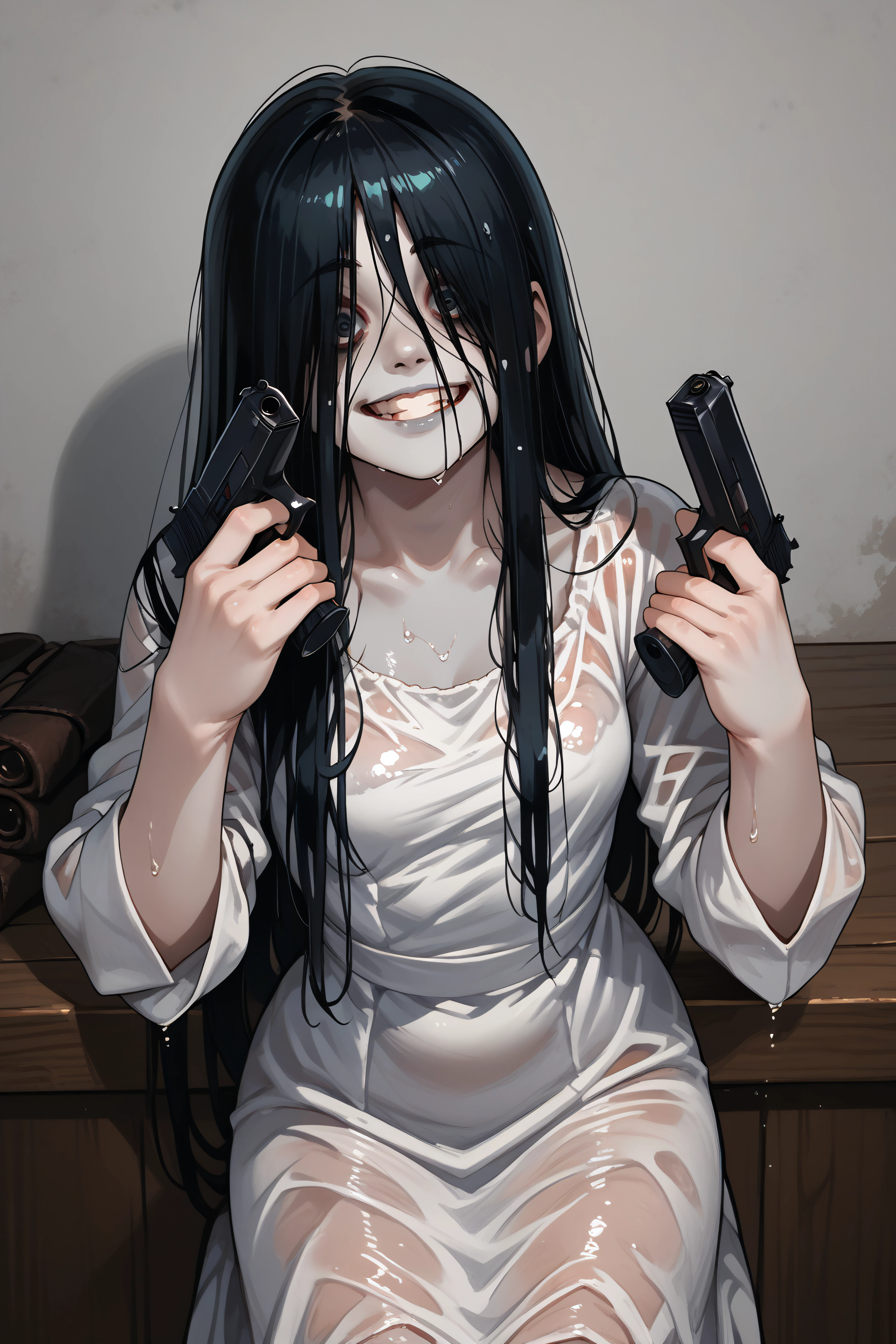 score_9, score_8_up, score_7_up, score_6_up, source_anime, <lora:yamamura sadako-PonyXL-lora-Faxtron:1> yamamura sadako, hair over eyes, black hair, long hair, pale skin, white dress, wet clothes, horror \(theme\),   <lora:DanielRadcliffeHoldingTwoGunsMeme_pdxl_Incrs_v1:1> handgun, holding gun, holding weapon, dual wielding, finger on trigger, smile, grin, crazy eyes,