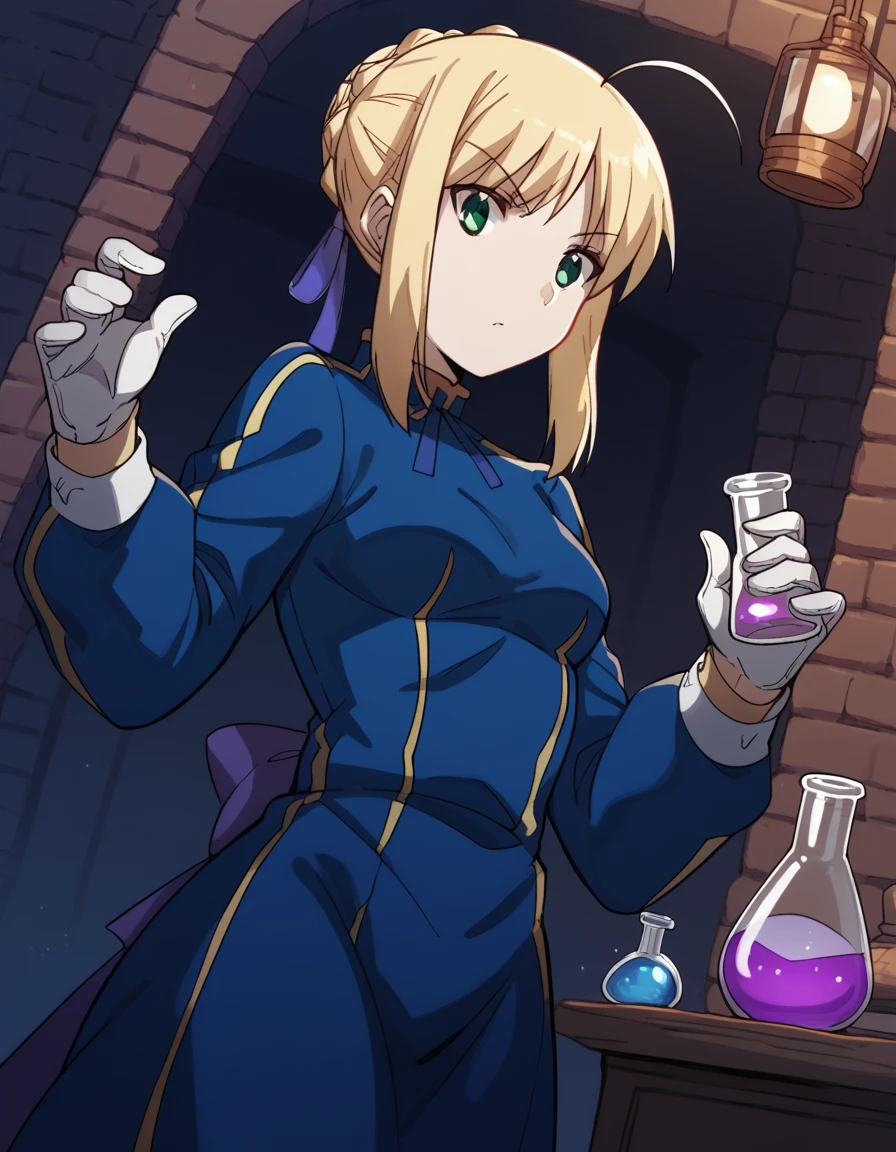 score_9, score_8_up, score_7_up, source_anime, <lora:carnivalphantasm-arthoria-pendragon-ova-ponyxl-lora-nochekaiser:1>, arthoria pendragon, artoria pendragon (fate), saber, blonde hair, green eyes, ahoge, sidelocks, hair bun, single hair bun, braid, french braid, medium breasts,, <lora:wizard-ponyxl-lora-nochekaiser:1>, wizard, wizard hat, robe, dress, long sleeves, gloves,, indoors, bricks, potion, flask, vial,, cowboy shot,, , dutch angle, cowboy shot