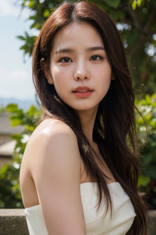 masterpiece, best quality, ultra-detailed, ultra high res, (photorealistic:1.4), raw photo, (realistic:0.2), 8k HDR, realistic cool temperature lighting, (asian:0.2), 1girl, solo, asymmetrical hair, outdoor, day, (simple background:1.2), bokeh, (detailed lips), (detailed pores), (detailed skin textures with pinkish tinge), (detailed face:1.2), (upper body:1.2), a woman in a white strapless tube dress, promotional image, a character portrait,