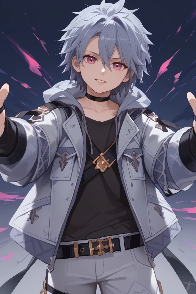 Blue hair with long mullet, Red and golden brown eyes, White Jacket and black shirt, younger full 1boy mature Heterochromia full