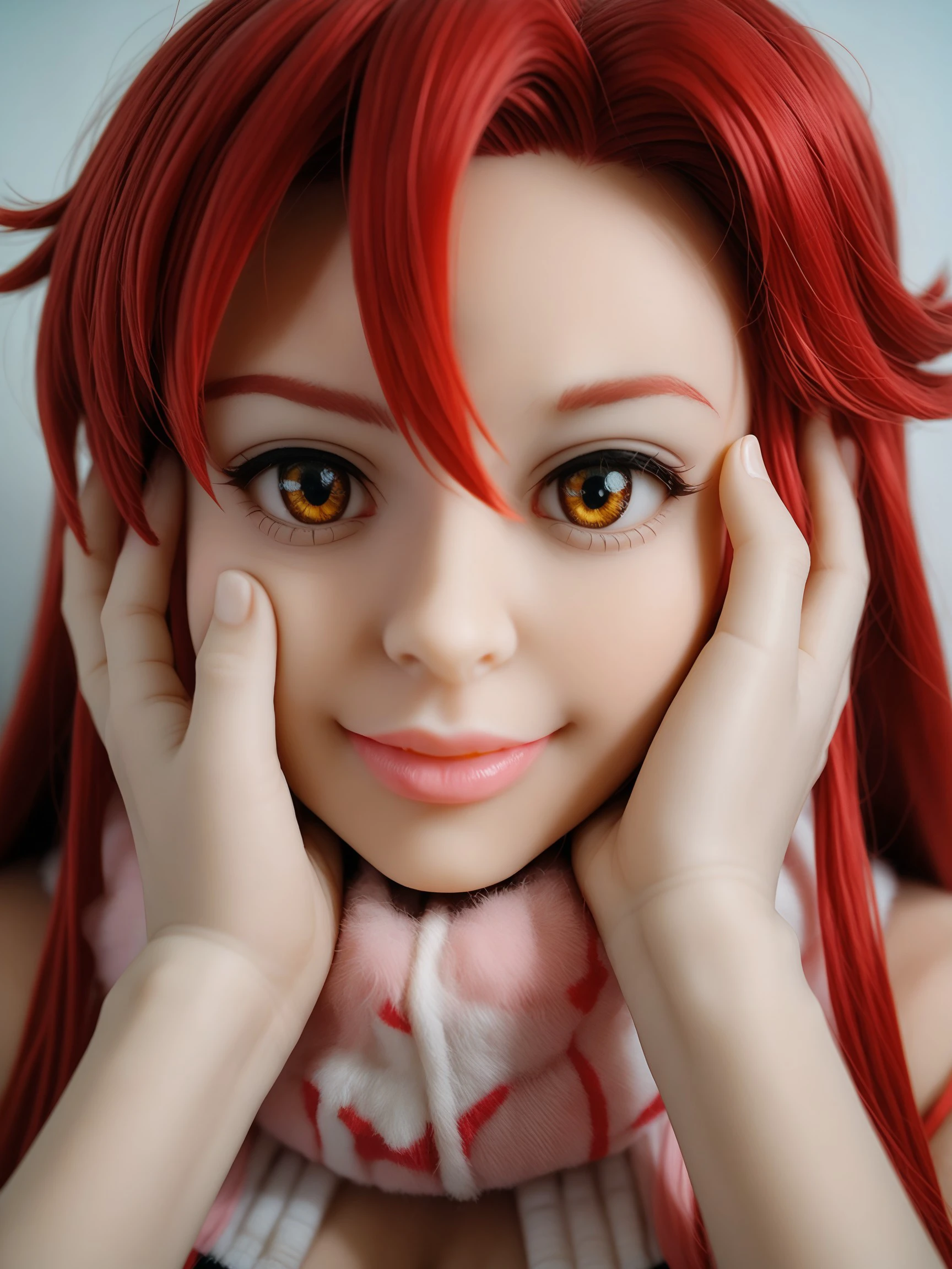 score_9, score_8_up, score_7_up, realistic
a beautiful woman, 
<lora:silicone-doll-ponyxl-v1:1.6> (living doll, figurine skin:1.3), 
own hands on face, smiling, close-up, yoko littner, closed mouth,