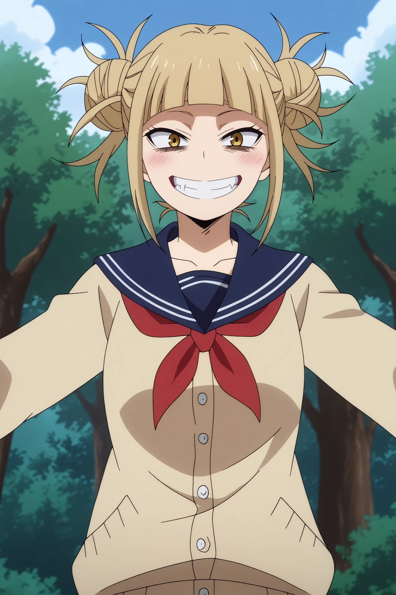  himiko toga,1girl,solo,double bun,blonde hair,hair bun,yellow eyes,messy hair, school uniform,bags under eyes,bangs,skirt,blunt bangs,smile,cardigan,blush,socks,upper body,clenched_teeth BREAK outdoors,open field,tall trees,school buildings, light breeze       outstretched arms,   <lora:Himiko_Toga_-_My_Hero_Academia.safetensors:0.8>