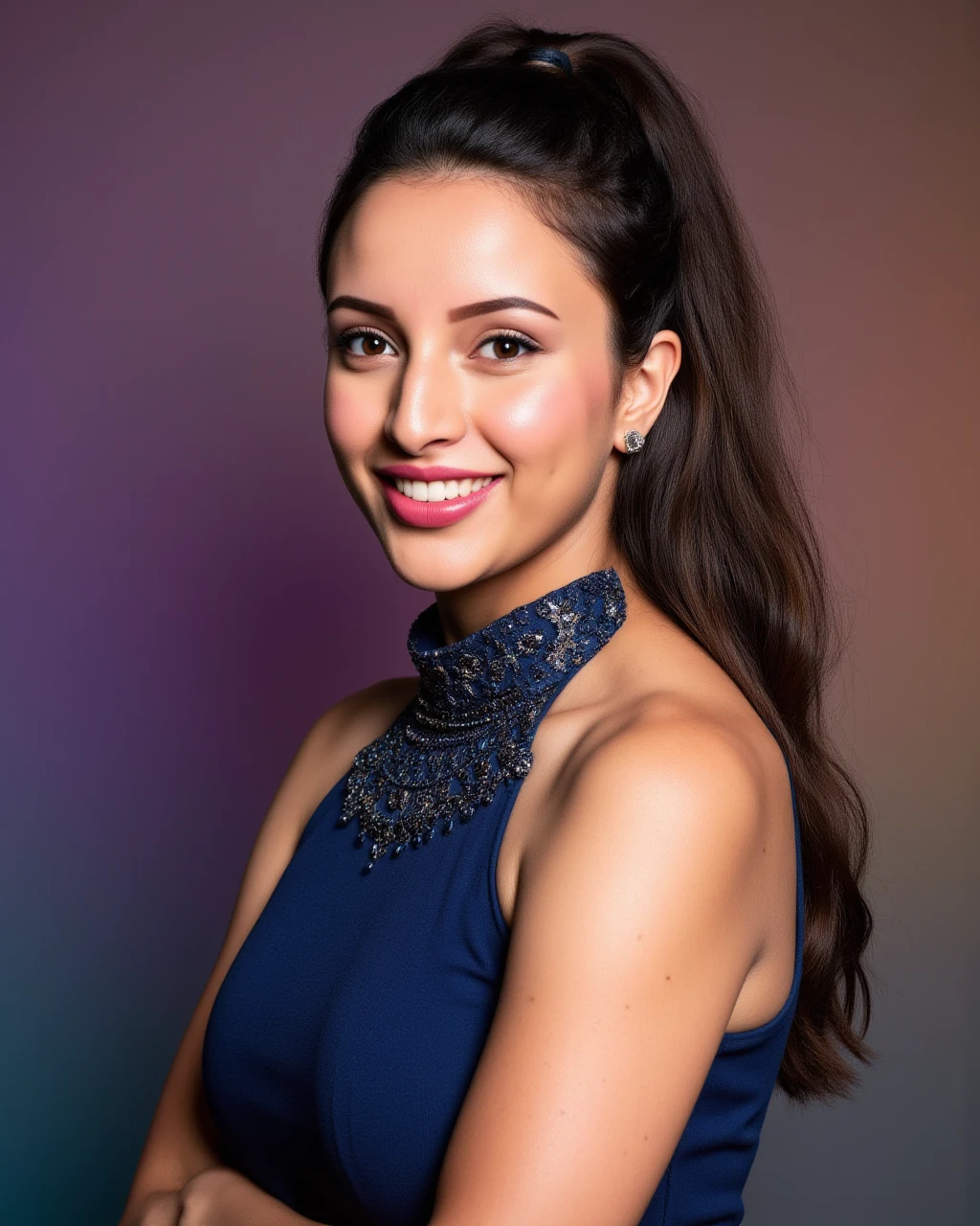 headshot photo of tripti dimri woman,paparazzi photo, laughing face,studio quality, wearing intricate high neck elegant Navy sleeveless Sharara Suit, high ponytail, darker pastel shaded multicolored background<lora:TestBed\Tripti_Dimri_Flux_Kohya_V1-step00000200.safetensors:1.0:1.0>