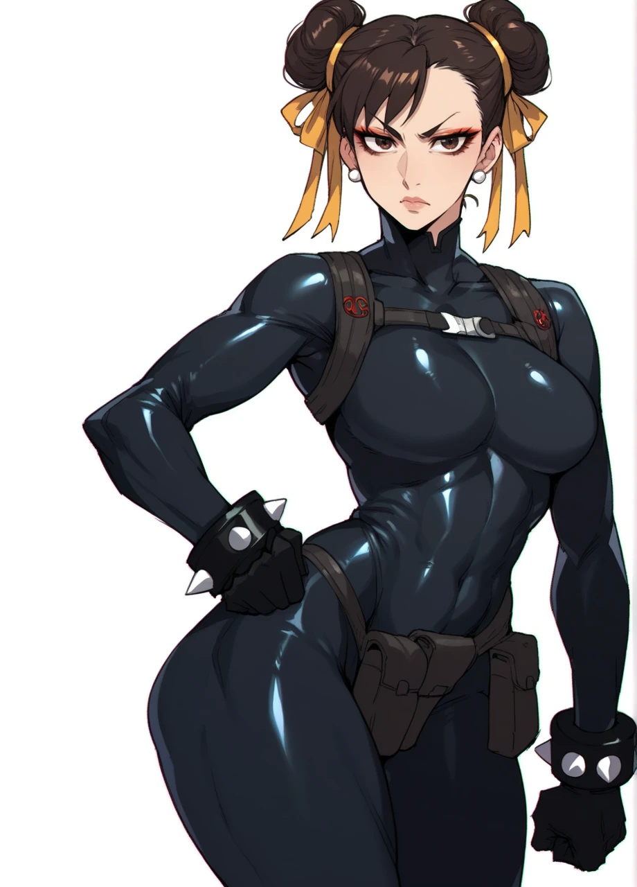 <lora:KLK_NudistBeach-PONY:0.8> chun-li:0.5, mature female, solo, toned, brown eyes, makeup, double bun, thick thighs, wearing nbu, clenched fists, black bodysuit, shiny latex, skin tight, arm sleeves, shoulder holster, black gloves, utility belt, cowboy shot, white background, score_9, score_8_up, score_7_up, score_6_up,