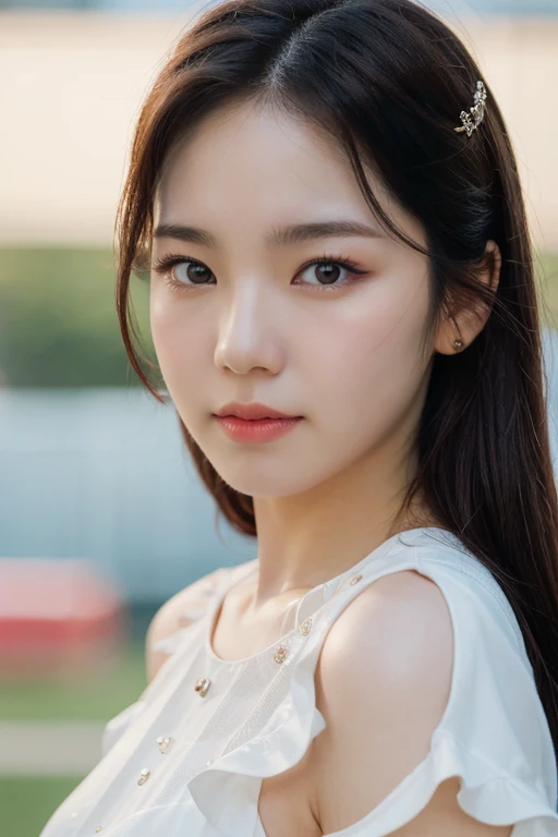 masterpiece, best quality, ultra-detailed, ultra high res, (photorealistic:1.4), raw photo, (realistic:0.2), 8k HDR, realistic cool temperature lighting, (asian:0.2), 1girl, solo, asymmetrical hair, outdoor, day, (simple background:1.2), bokeh, (detailed lips), (detailed pores), (detailed skin textures with pinkish tinge), (detailed face:1.2), (upper body:1.2), a woman in a white tube dress, promotional image, a character portrait,