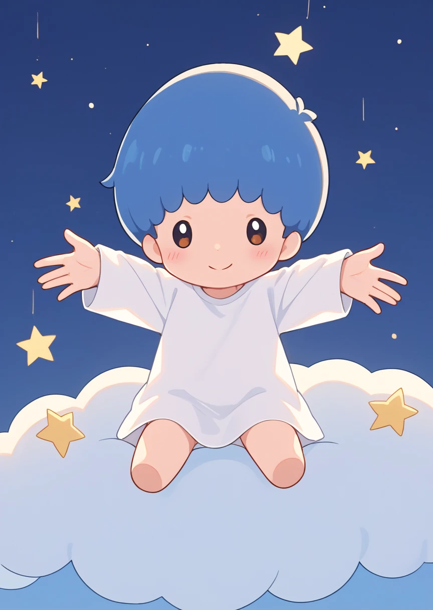 score_9, score_8_up, score_7_up, score_6_up, score_5_up, BREAK
kikitw1n, human, male, solo, blush, smile, short hair, shirt, long sleeves, 1boy, blue hair, white shirt, male focus, night sky, cloud, chibi, star (symbol), white dress, outstretched arms, no nose, sitting on cloud, portrait, barefoot