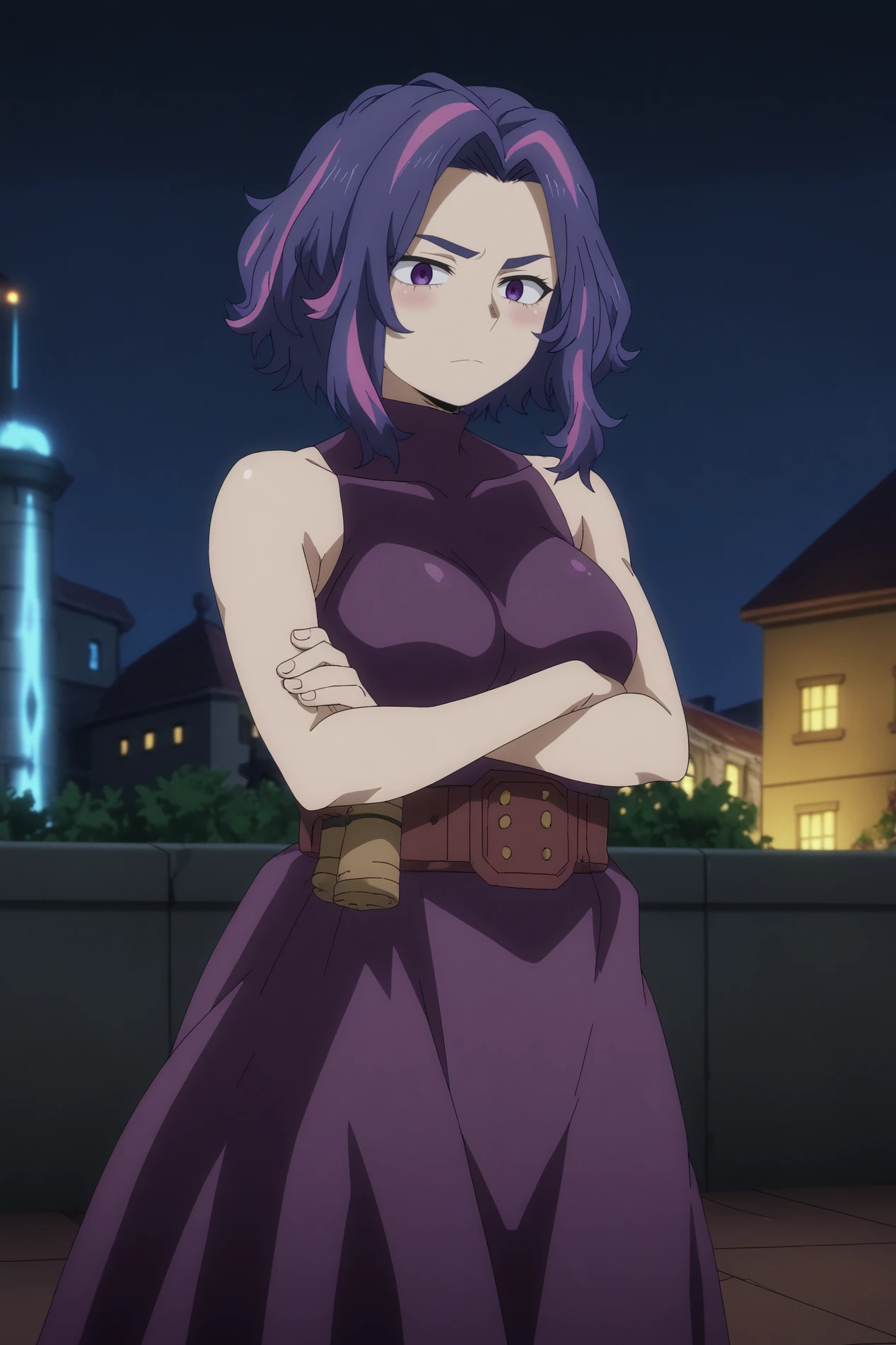 kaina tsutsumi,1girl,solo,mature,sleeveless turtleneck,sleeveless,multicolored hair,closed mouth,short hair,breasts,bare_shoulders,dress,belt,crossed_arms,  BREAK outdoors,night sky,cityscape,night   <lora:Kaina_Tsutsumi_-_My_Hero_Academia.safetensors:0.8>