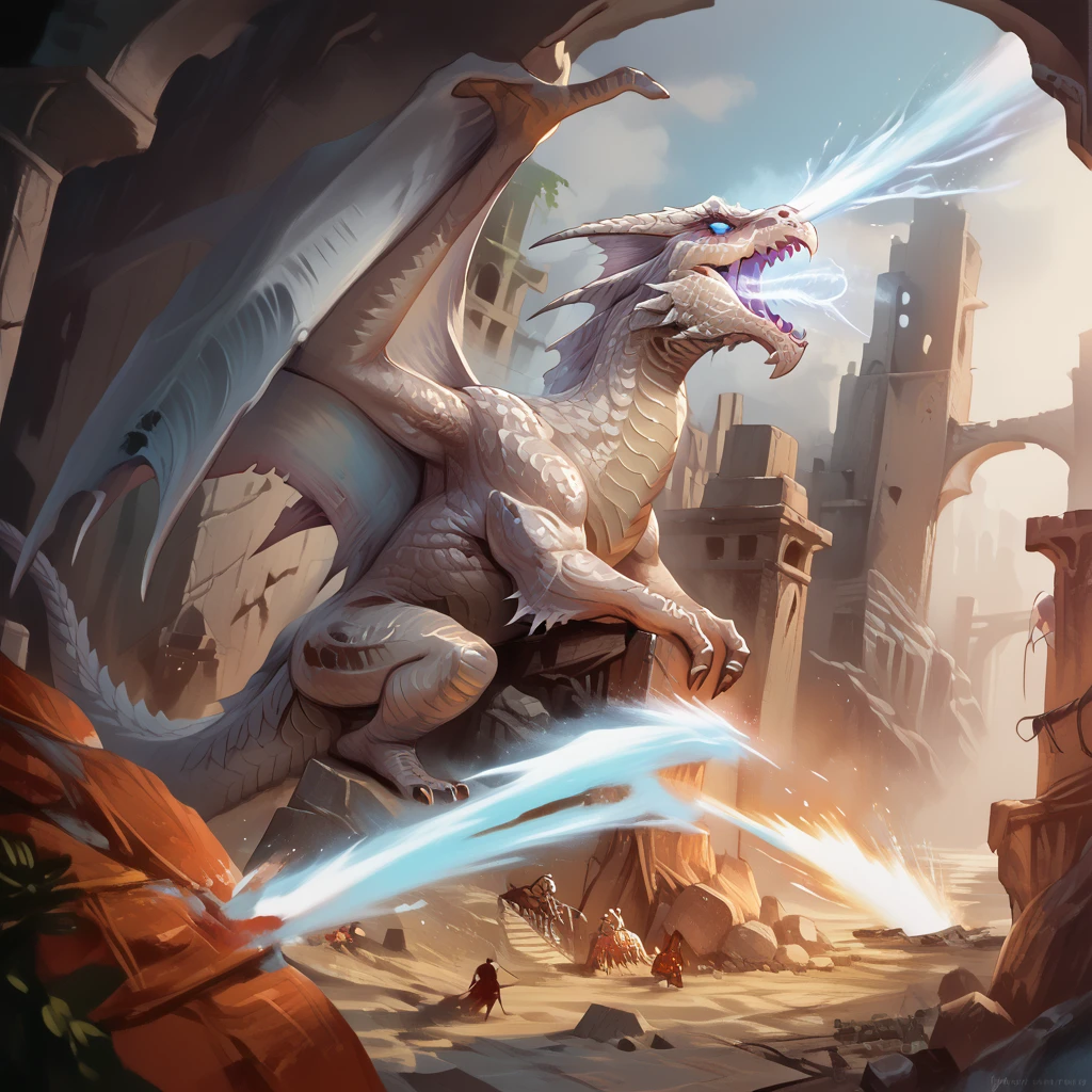 Masterpiece, score_9, score_8, score_7, highres, source_cartoon, 2.5D 
BREAK
detailed, Feral, dnd_dragon, dragon, whitedrg, (white scales:1.5),  breathing ice, beam of ice, (dragon tail), ruins background, membraned wings, wings,