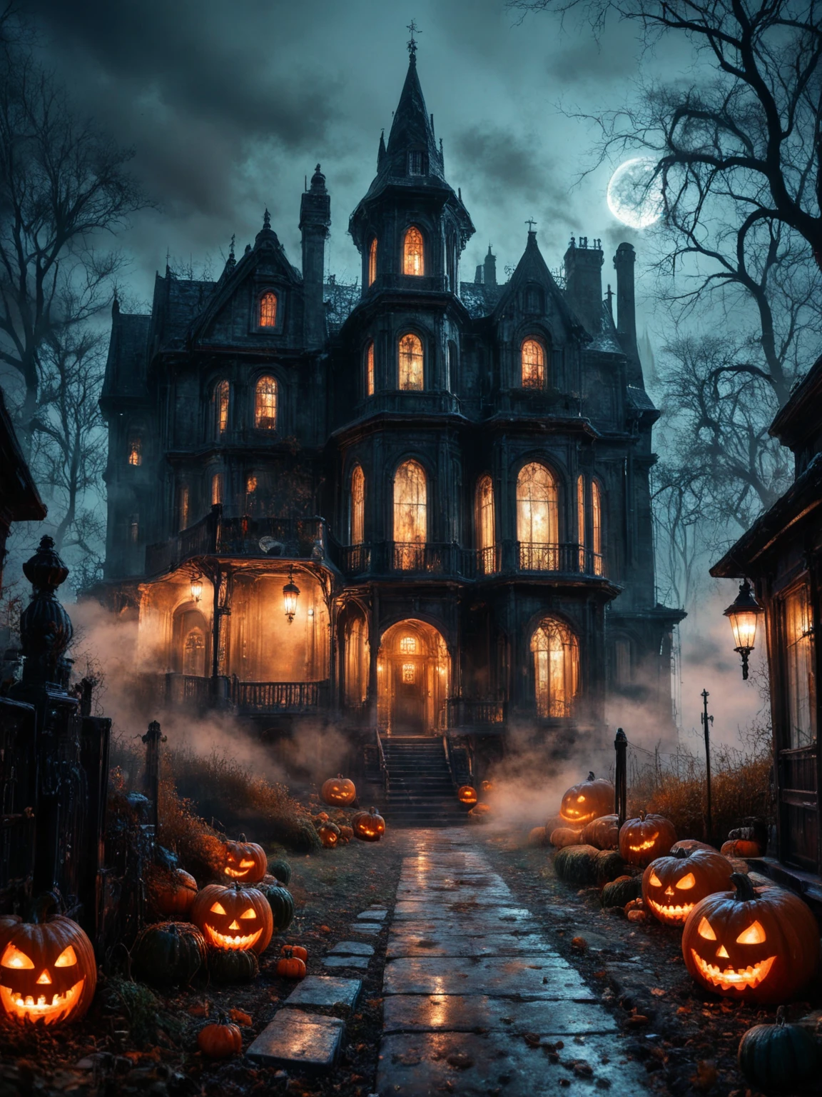 score7_up, <lora:Misty-Halloween_pXL_LOREVER-000013:0.7> hallomist, Photography of a lonely manor in the mist, strange atmospher, fog, night, dark scenery, tombs, pumpkins, detailed realistic architecture, perfect contrasts, detailed shadows, low key lighting