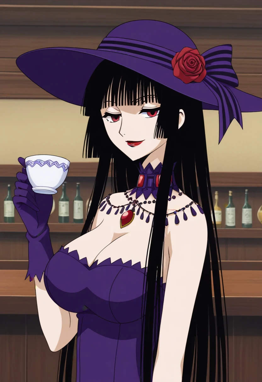 yuuko1, 1girl, black hair, blunt bangs, bow, breasts,  cleavage, clothing cutout, collar ,  dress,  flower,  gem,  gloves,  hand up,  hat,  hat bow,  hat flower,  hime cut,  holding, holding cup,  jewelry, smile, lipstick,  long hair,  looking at viewer,  makeup,  purple dress,  purple gloves, purple hat, red eyes,  red flower,  red gemstone, red rose,  rose,  teacup,  solo, spider lily,  strapless, strapless dress,  striped bow,  upper body, indoors, bar (place), 5 fingers, large breasts, <lora:yuuko1-000006:1>