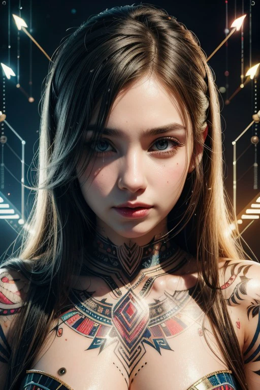 (high quality), (masterpiece), (detailed), 8K, Hyper-realistic portrait of a young woman, her upper body adorned with intricate arrow patterns. (Intricate tattoos1.2) weave across her shoulders and arms, each arrow meticulously detailed. (Vibrant colors1.2) contrast against her smooth skin, creating a captivating visual display. (Sharp focus1.3) emphasizes the precision of each line, while subtle (lighting1.2) enhances the three-dimensional effect.