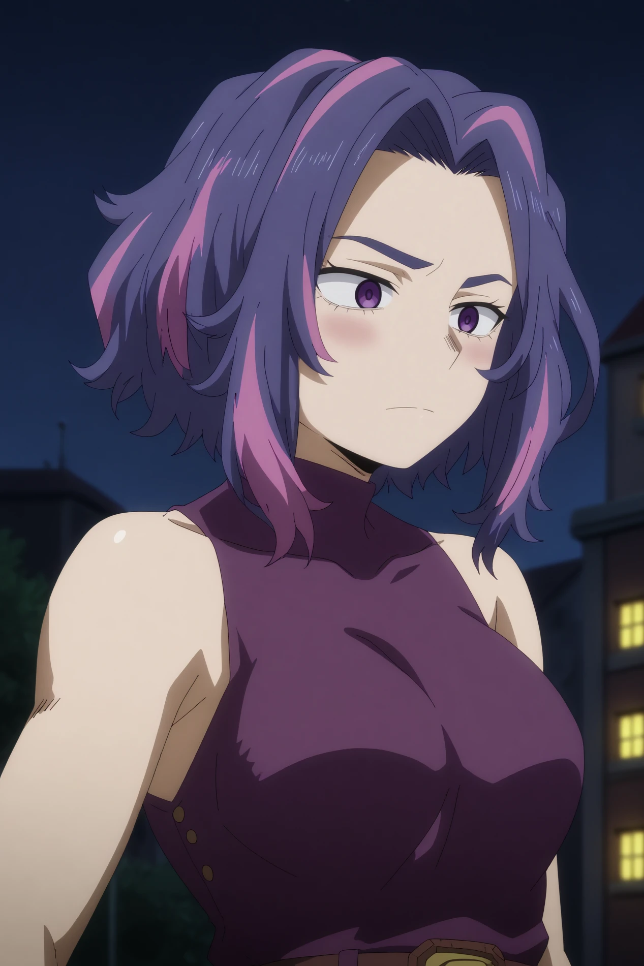 kaina tsutsumi,1girl,solo,mature,sleeveless turtleneck,sleeveless,multicolored hair,closed mouth,short hair,breasts,bare_shoulders,dress,belt,upper body BREAK outdoors,night sky,cityscape,night   <lora:Kaina_Tsutsumi_-_My_Hero_Academia.safetensors:0.8>