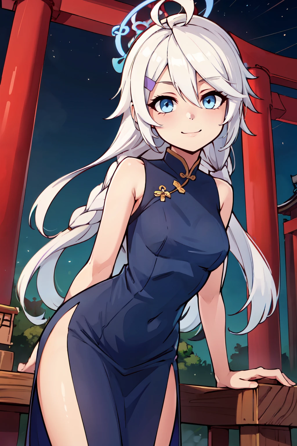 ((masterpiece,best quality)), absurdres,  BREAK, , <lora:Kirino_BlueArchive_Citron:0.8>, , zzKirino, white hair, halo, long hair, blue eyes, blue halo, hair ornament, hair between eyes, hairclip, BREAK,  china dress, pelvic curtain, side slit, sleeveless, print dress, covered navel, no panties, outdoors, night, torii, shrine, east asian architecture, leaning forward, hand on own thigh, from above,, BREAK, solo, smile, looking at viewer, cowboy shot,