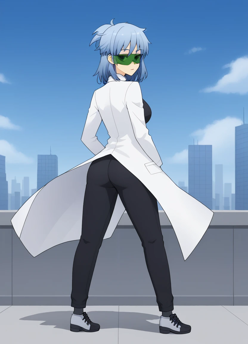 score_9, source_anime, full body, from behind, ass, jennygamerfox, human, female, 1girl, solo, blue hair, visor, lab coat, jacket, pants, black shirt, shoes , dynamic pose, outdoors, city <lora:jenny_gamerfox_oc:0.85>