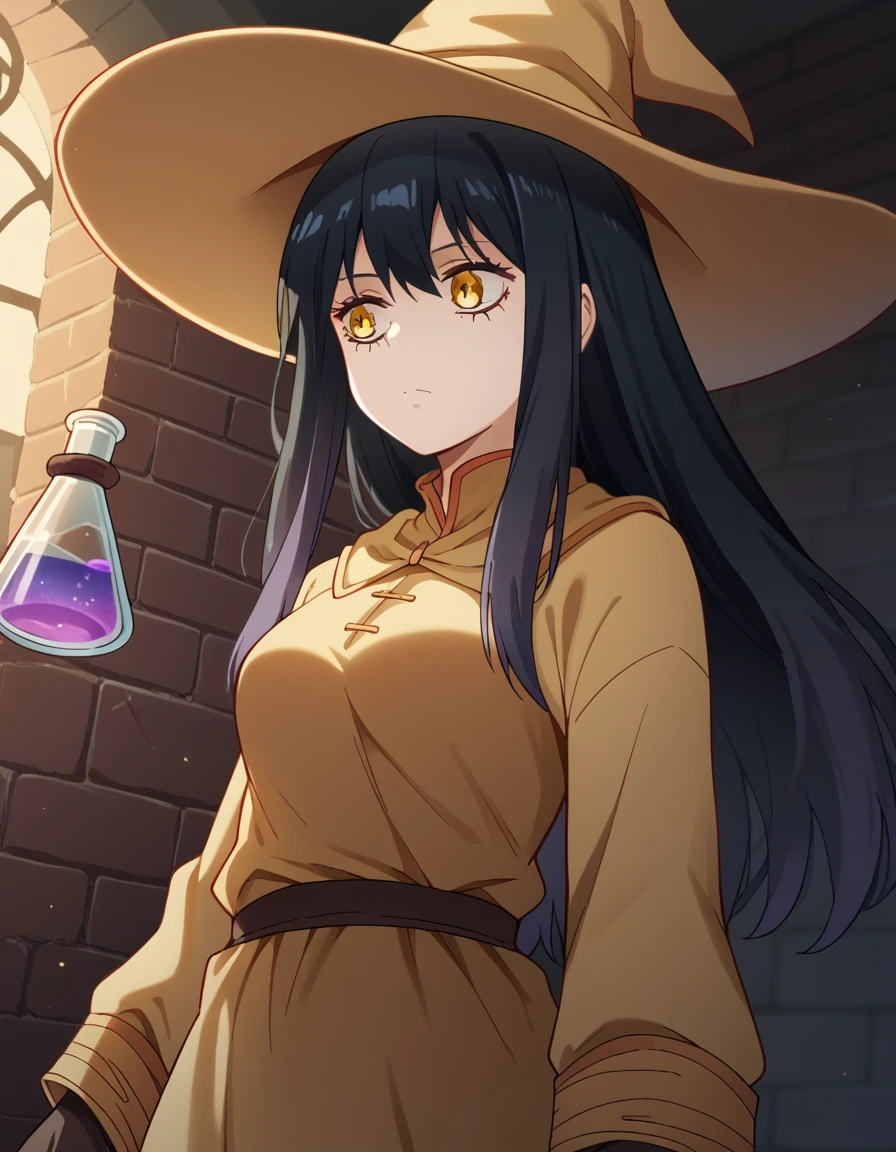 score_9, score_8_up, score_7_up, source_anime, <lora:miko-yotsuya-s1-ponyxl-lora-nochekaiser:1>, miko yotsuya, long hair, bangs, black hair, hair between eyes, yellow eyes, medium breasts,, <lora:wizard-ponyxl-lora-nochekaiser:1>, wizard, wizard hat, robe, dress, long sleeves, gloves,, indoors, bricks, potion, flask, vial,, cowboy shot,, , dutch angle, cowboy shot