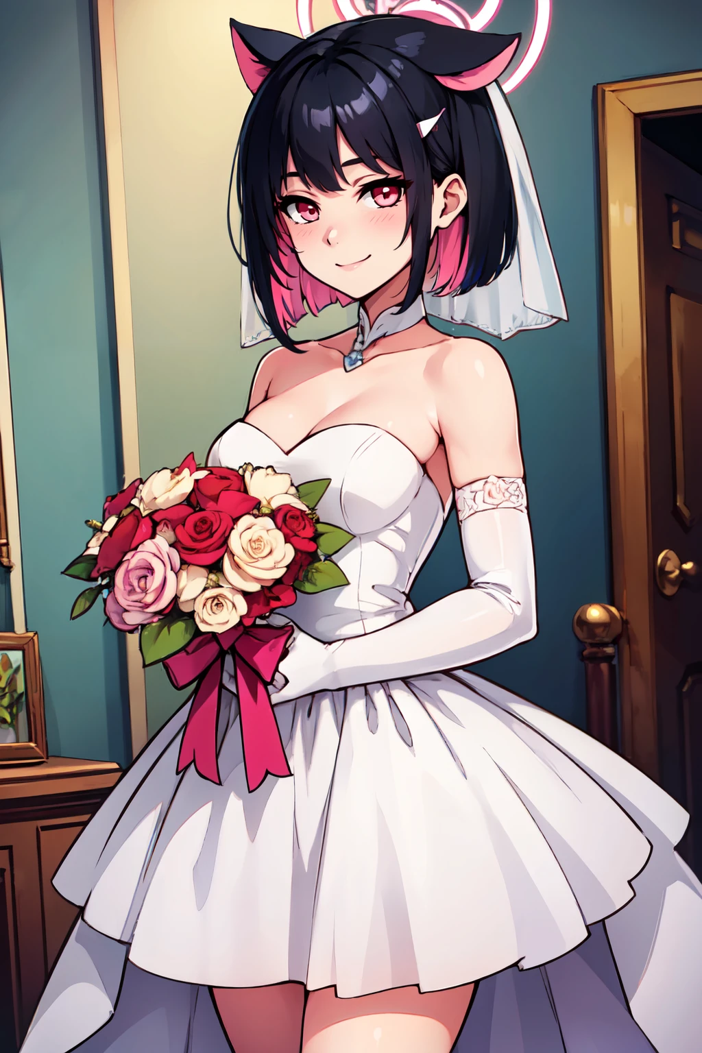 ((masterpiece,best quality)), absurdres,  BREAK, , <lora:Kazusa_BlueArchive_Citron:0.8>, , zzKazusa, black hair, colored inner hair, multicolored hair, pink hair, short hair, two-tone hair, red eyes, hair ornament, hairclip, pink eyes, BREAK, bride, wedding dress, bridal veil, strapless dress, elbow gloves, holding bouquet,, BREAK, solo, smile, looking at viewer, cowboy shot,