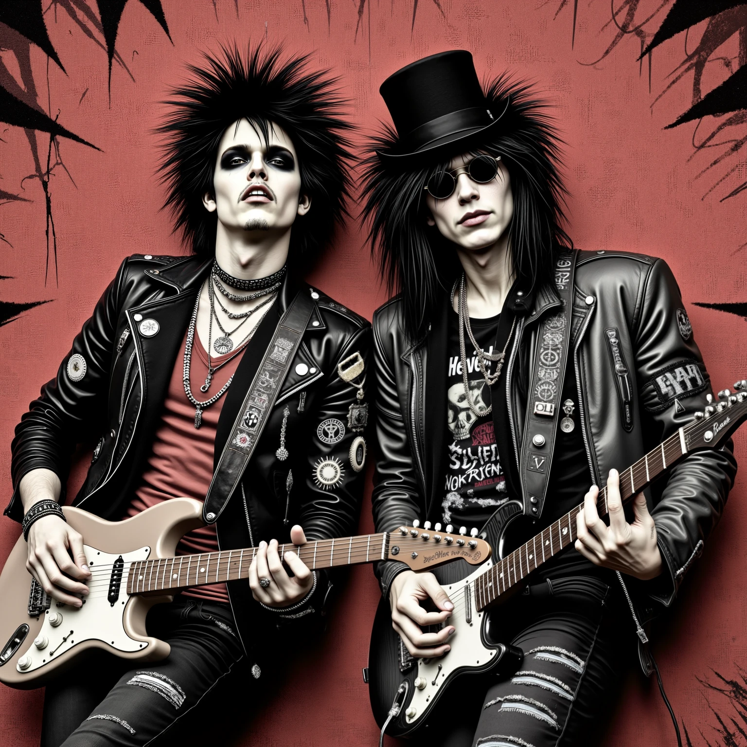 Two edgy looking punk rockers playing guitars, detailed background