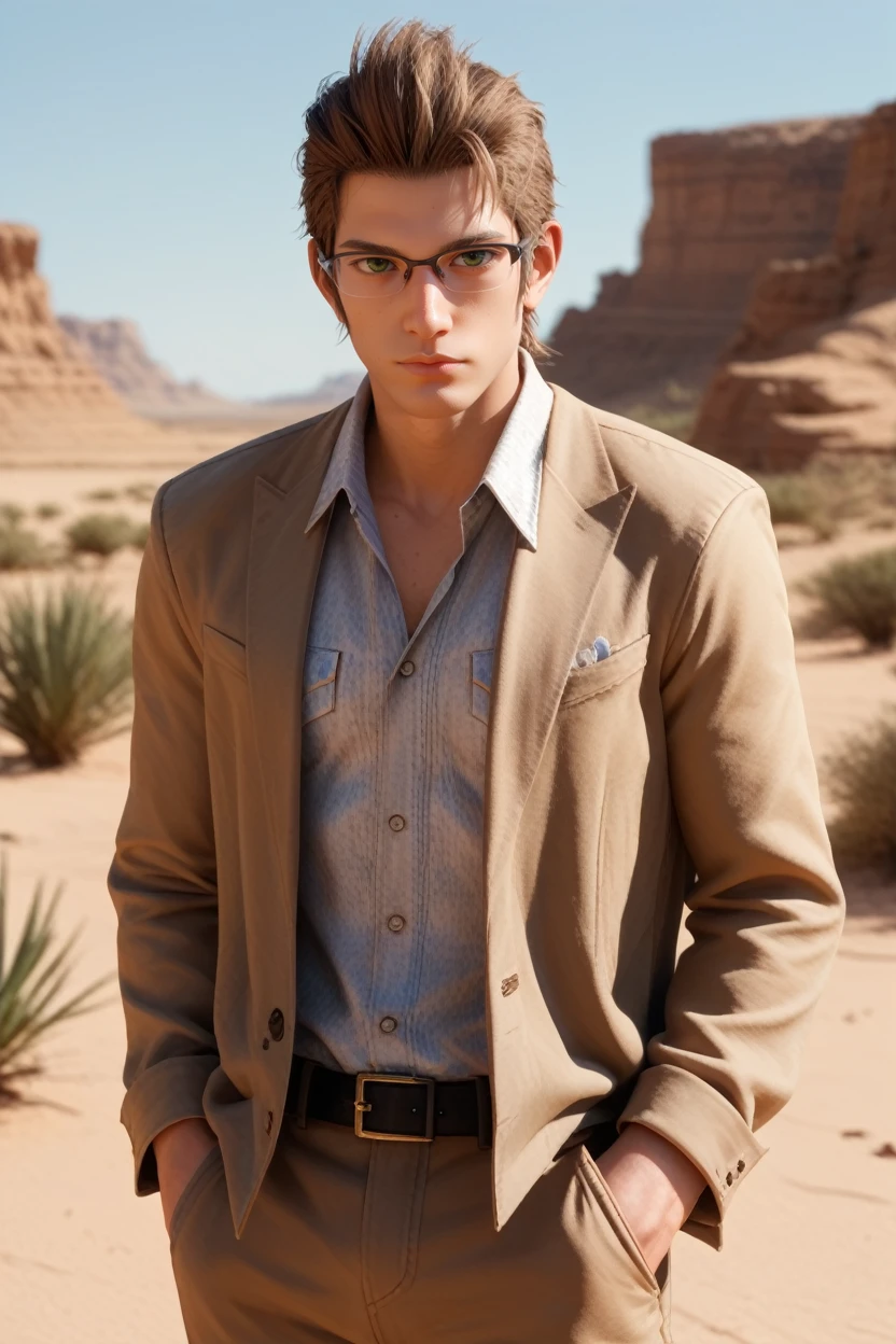 score_9, score_8_up, score_7_up,
<lora:FFIgnis:0.8>
FFIgnis, 1boy, brown hair, green eyes, glasses, looking at viewer, Desert canyon with dramatic lighting, rugged and grand, Hands in pockets