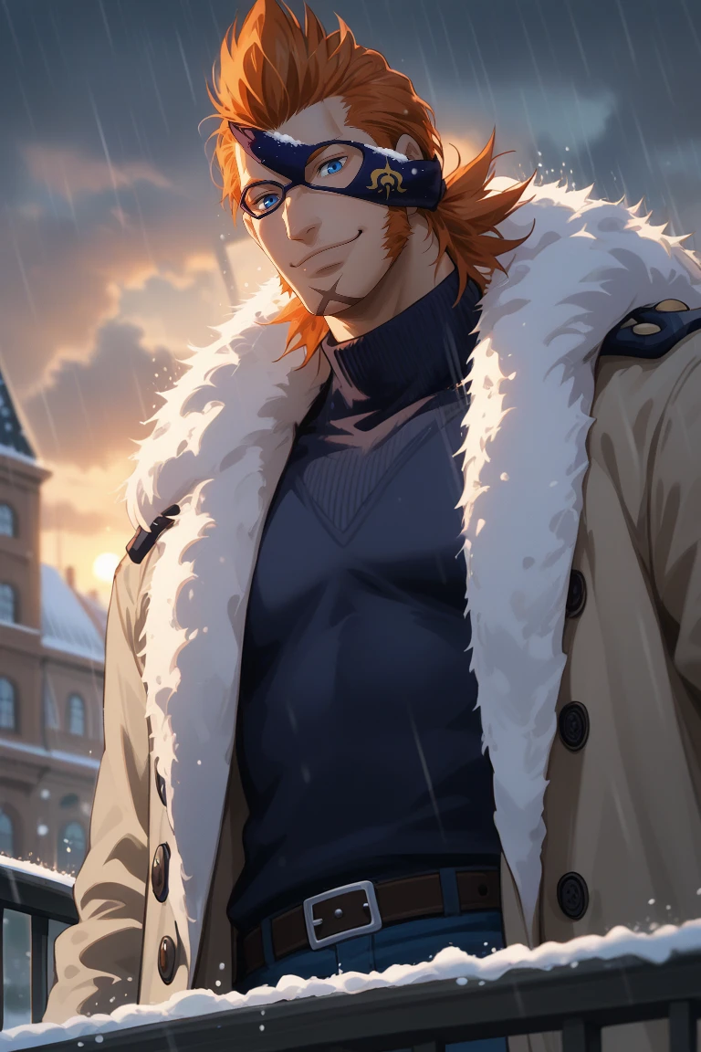 score_9, score_8_up, score_7_up, source_anime, rating_questionable, evening, sunset, natural lighting, raining, male focus, leaning forwards, leaning on railing, smiling, looking down at viewer, DrakeOP, orange_Drake_male hair, black_Drake_eye mask, blue_Drake_eyes, dark brown_Drake_chin scar, winter clothes, turtleneck, trench coat, closed mouth, happy, 1boy, blurry outdoors park, cloud, from below, dutch angle, intricately detailed illustration, realistic shading, atmospheric perspective, depth of field