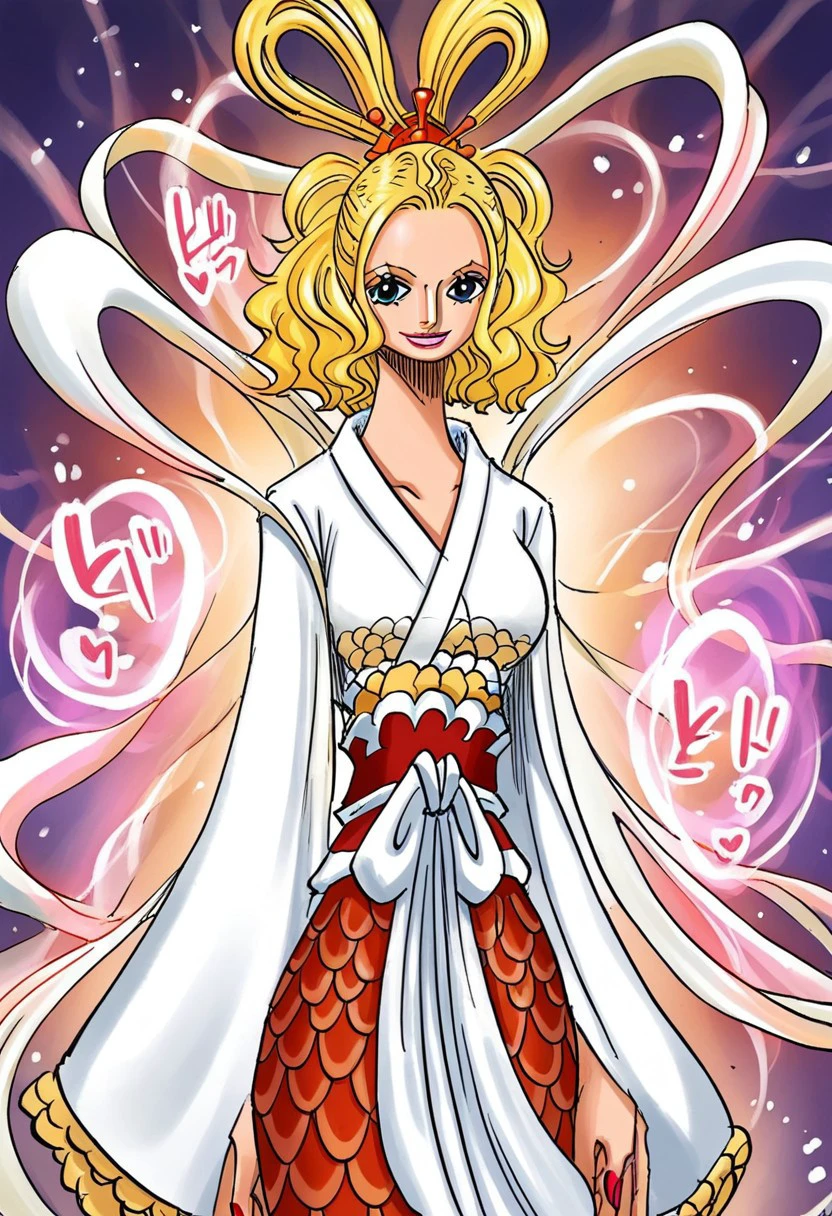 QueenOtohime, 1girl, solo, monster girl, mermaid, blonde hair, blue eyes, lips, makeup, lipstick, hair ornament, short hair, wavy hair, large breast, shawl, hair rings, japanese clothes, wide sleeves, sash, kimono, long sleeves, dress ornament, nail polish, ribbons, hagoromo, scales,seductive pose, sexy pose, smile, joy,
score_9, score_8_up, score_7_up, beautiful aesthetic, very intricate, high quality details,vibrant, highly detailed, award-winning, professional,anime artwork, anime style, studio anime, athletic, toned female,muscular milf,curvy body, athletic girl,fit girl, perky tits,huge breast,perfect tits, round breasts, nipple outline,looking at viewer, pinup pose,teasing, dynamic lighting, cinematic, smug, better than you, aura of temptation, highly detailed, high resolution, masterpiece, detailed clother, detailed background, highly detailed, ((sound effects)) comic layout,onepiecestyle