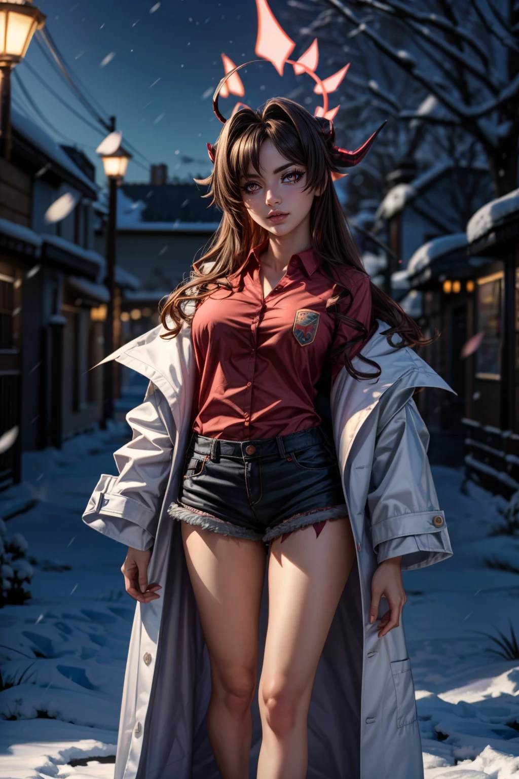 (ultra realistic,32k, masterpiece:1.2),(high detailed skin:1.1),( high quality:1.1), <lora:IllyasvielVonEinzbern_v1:0.7>, zzIllya, looking at viewer, night, outdoors, snowing, sky, BREAK,    <lora:Kasumi_BlueArchive_Citron:0.7>, zzKasumi, black hair, demon horns, long hair, ahoge, halo, black horns, red halo, tail, yellow eyes, demon tail, black tail, fang, black shorts, collared shirt, lab coat, sandals, shirt tucked in, white coat,   ,BREAK,  blooming stars, luminescent petals, otherworldly fragrance blurry background, (looking at viewer, standing:1.1), huge breast, large breast, <lora:add_detail:0.92>, (glowwave:1.1),