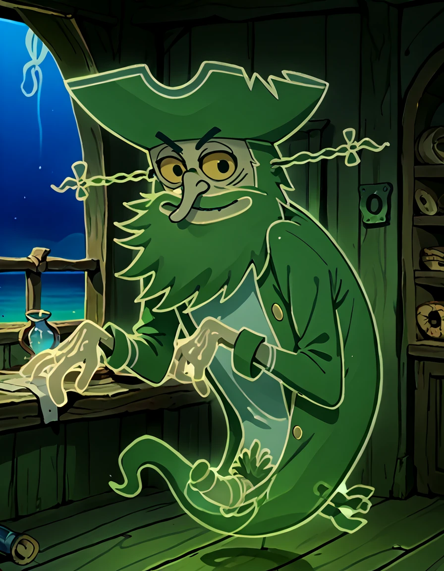 <lora:Flying_Dutchman_PONY:1.0> 1boy,  ghost, pirate, ghost pirate, green-glowing transparent, mustache, transparent, tattered clothes, coat, ghost tail,  content, portrait, looking at viewer,  upper body, penis, excessive_pubic_hair, full body, penis out,, source_cartoon, score_9, score_8_up, score_7_up, score_6_up, score_5_up, score_4_up,